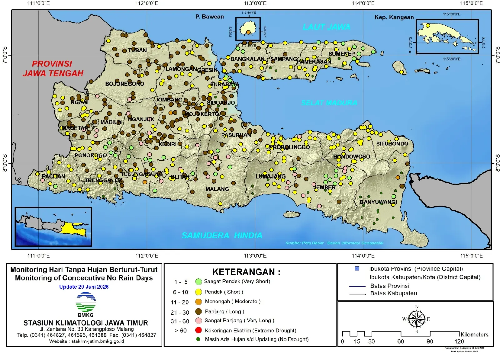 ( Analisis - Dasarian ) Monitoring Hari Tanpa Hujan Berturut-Turut Update 20 Juni Tahun 2026 di Provinsi Jawa Timur