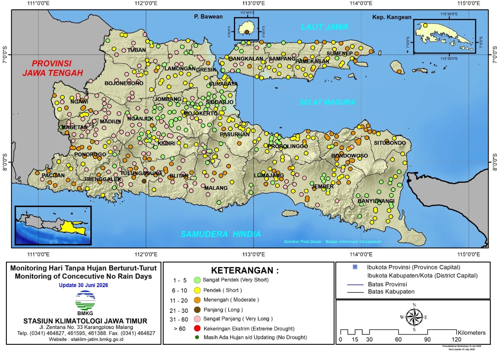 ( Analisis - Dasarian ) Monitoring Hari Tanpa Hujan Berturut-Turut Update 30 Juni Tahun 2026 di Provinsi Jawa Timur