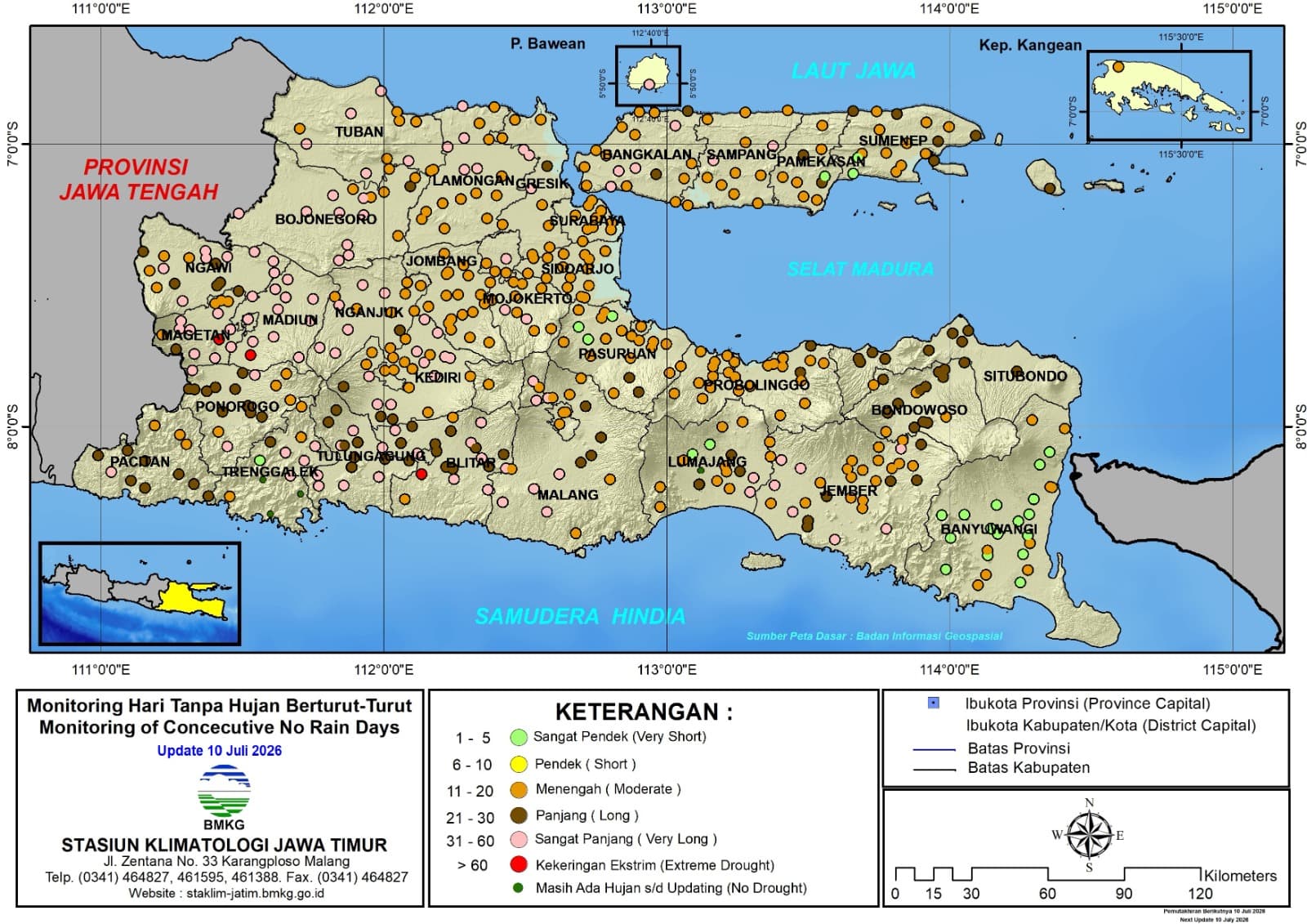 ( Analisis - Dasarian ) Monitoring Hari Tanpa Hujan Berturut-Turut Update 10 Juli Tahun 2026 di Provinsi Jawa Timur