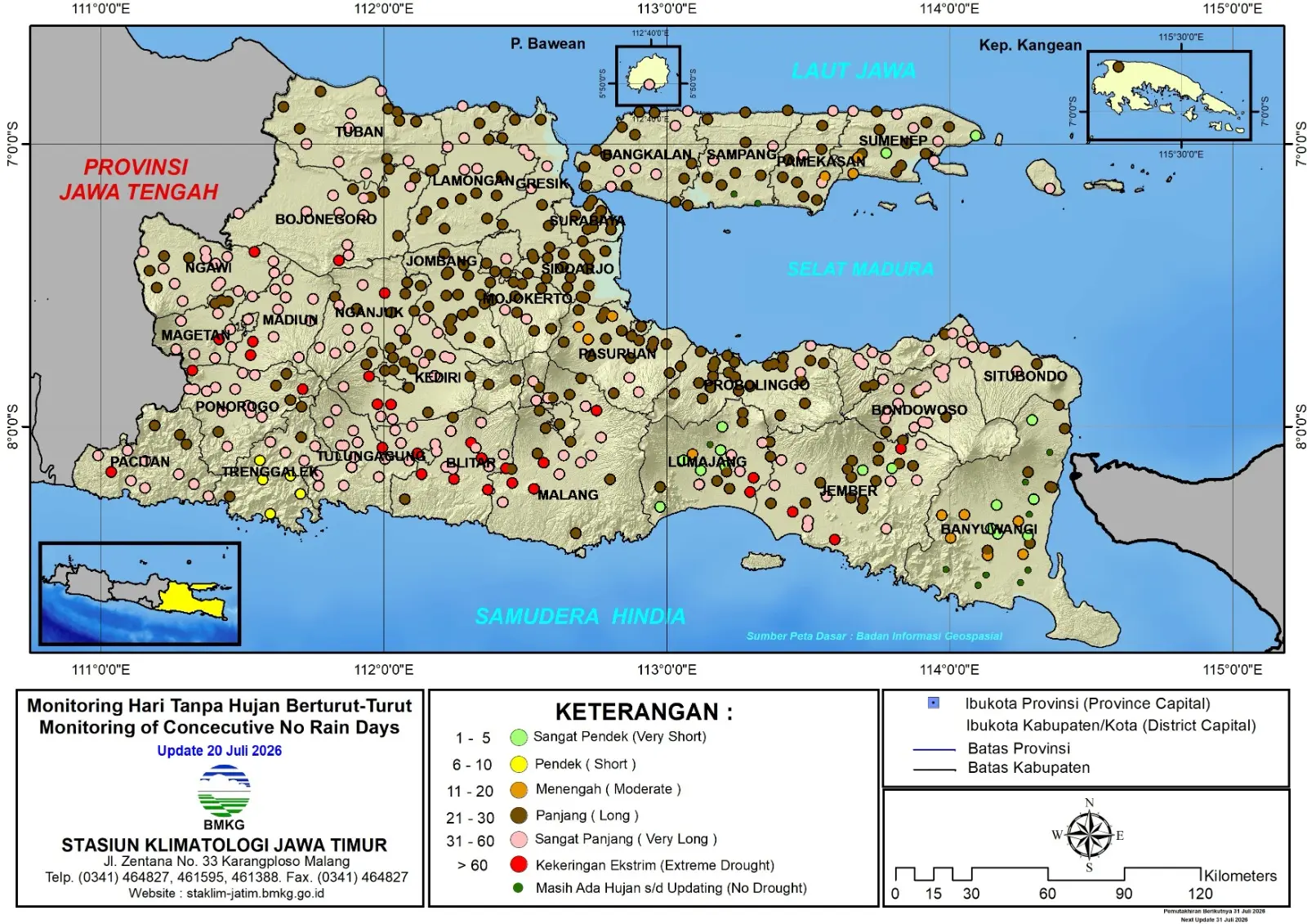 ( Analisis - Dasarian ) Monitoring Hari Tanpa Hujan Berturut-Turut Update 20 Juli Tahun 2026 di Provinsi Jawa Timur