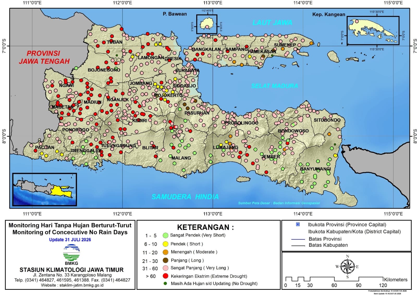 ( Analisis - Dasarian ) Monitoring Hari Tanpa Hujan Berturut-Turut Update 31 Juli Tahun 2026 di Provinsi Jawa Timur