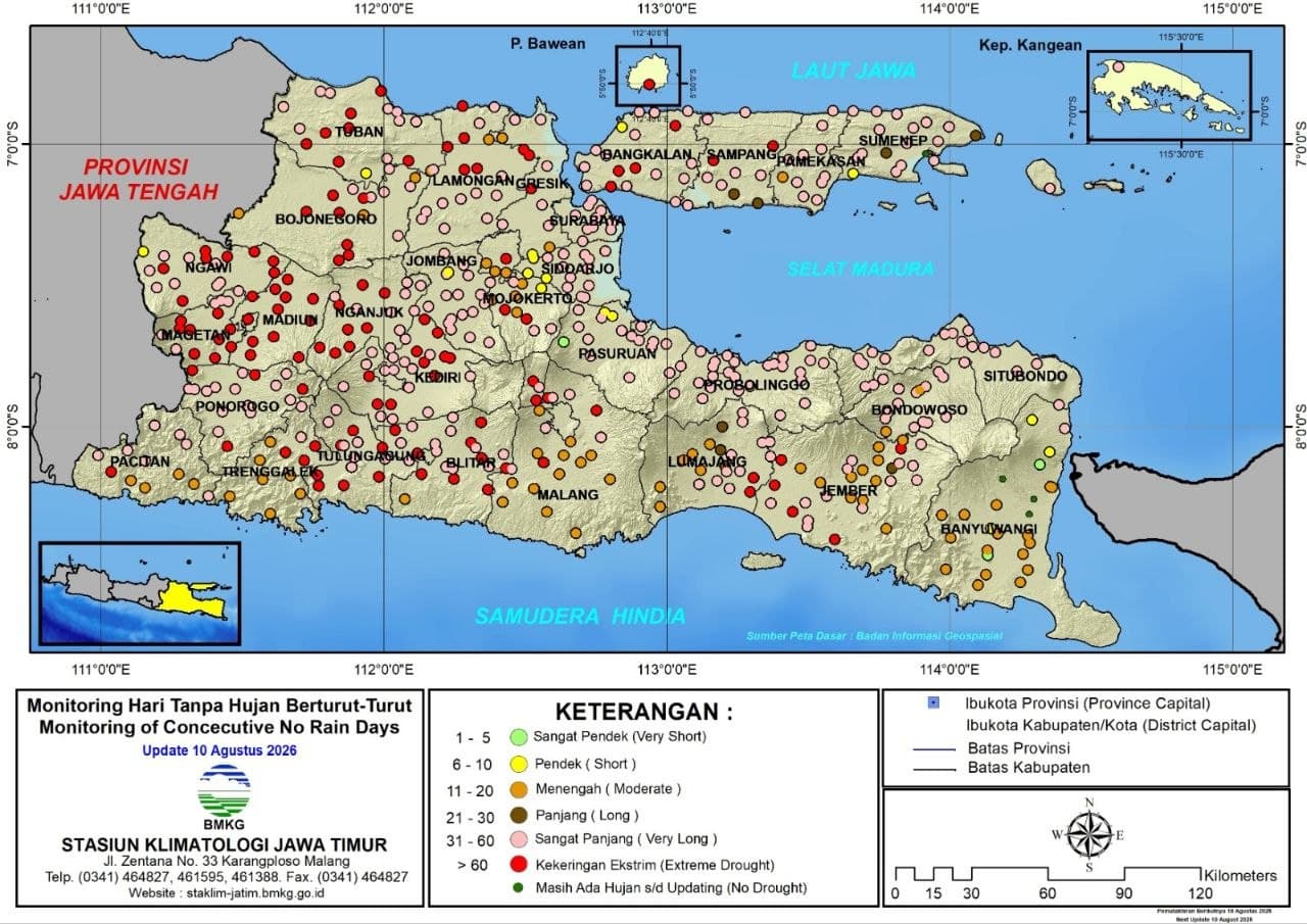 ( Analisis - Dasarian ) Monitoring Hari Tanpa Hujan Berturut-Turut Update 10 Agustus Tahun 2026 di Provinsi Jawa Timur