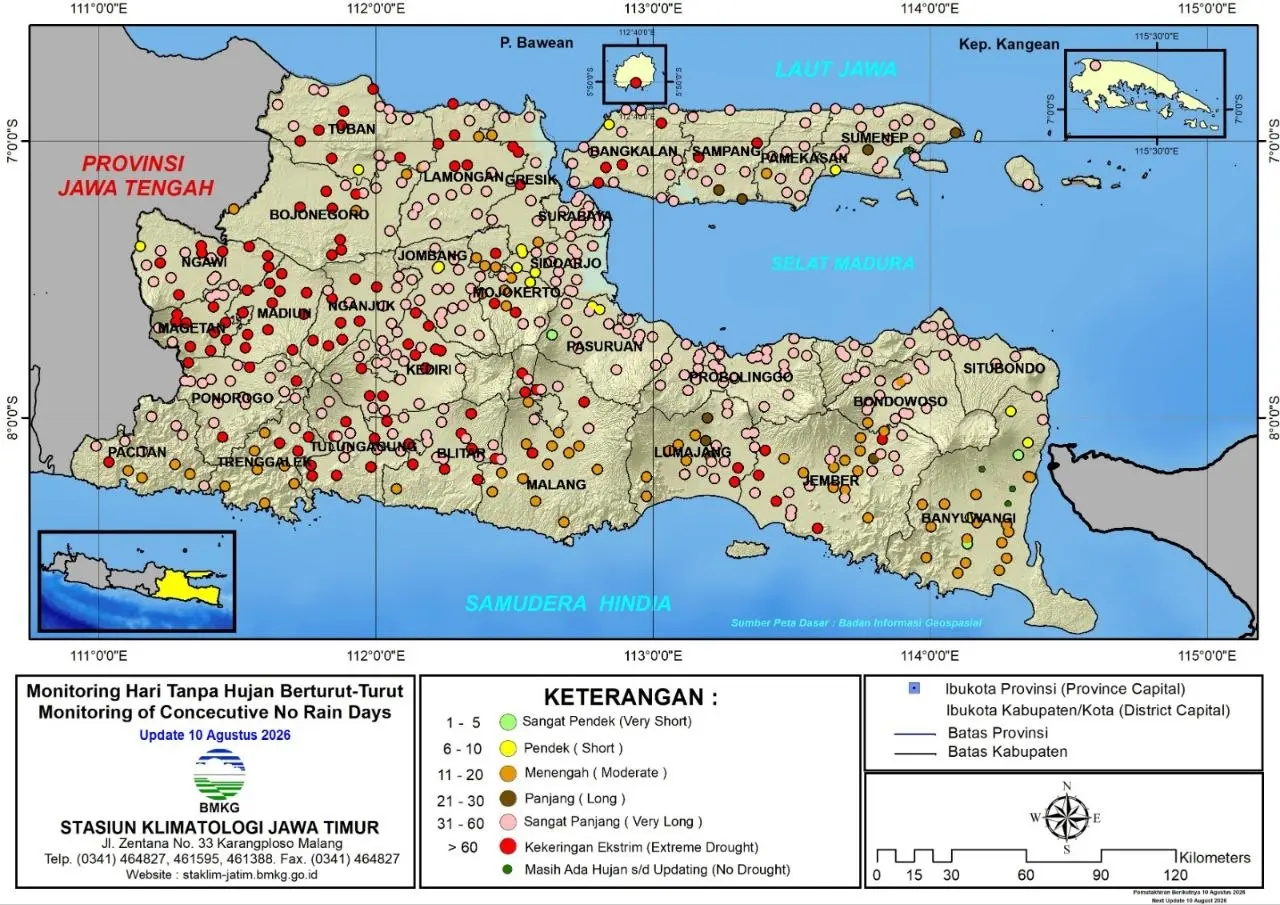( Analisis - Dasarian ) Monitoring Hari Tanpa Hujan Berturut-Turut Update 10 Agustus Tahun 2026 di Provinsi Jawa Timur