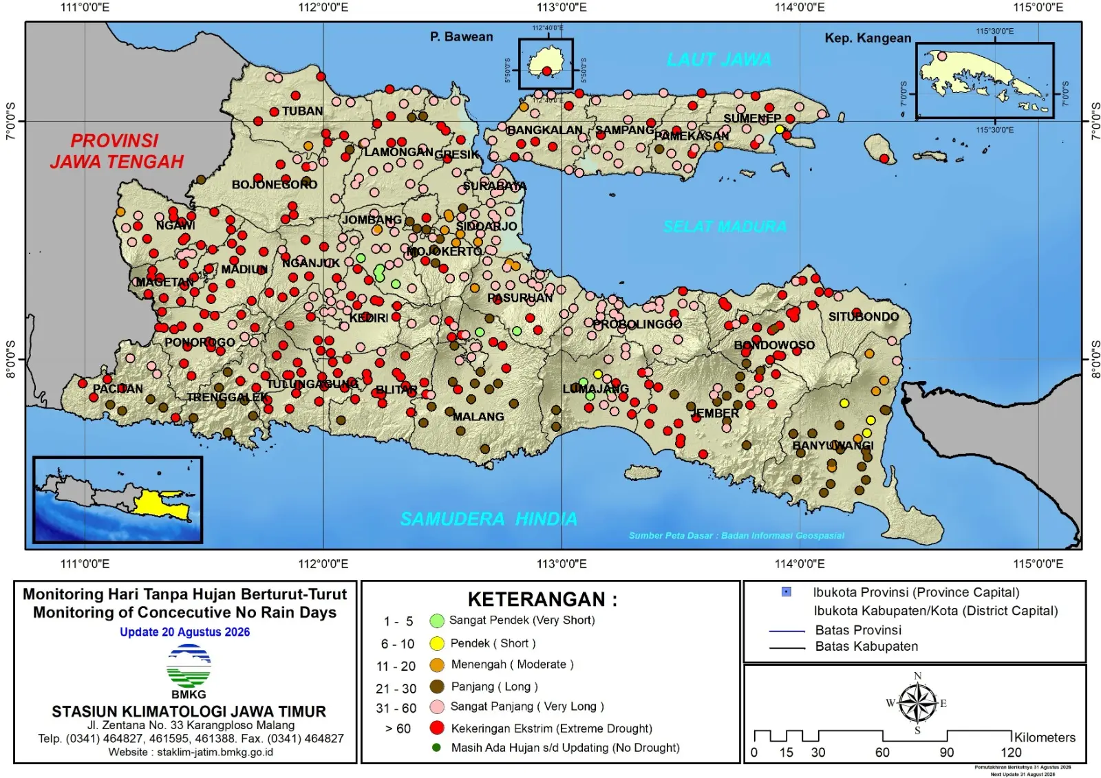 ( Analisis - Dasarian ) Monitoring Hari Tanpa Hujan Berturut-Turut Update 20 Agustus Tahun 2026 di Provinsi Jawa Timur