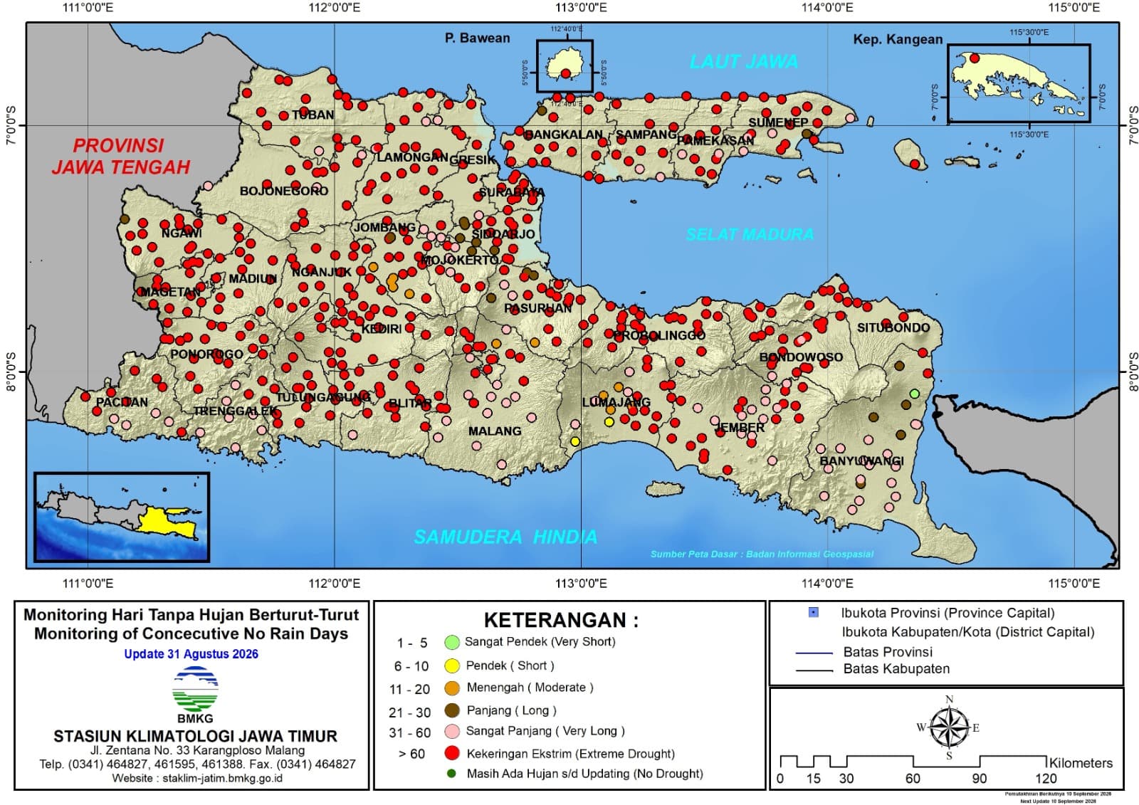 ( Analisis - Dasarian ) Monitoring Hari Tanpa Hujan Berturut-Turut Update 31 Agustus Tahun 2026 di Provinsi Jawa Timur