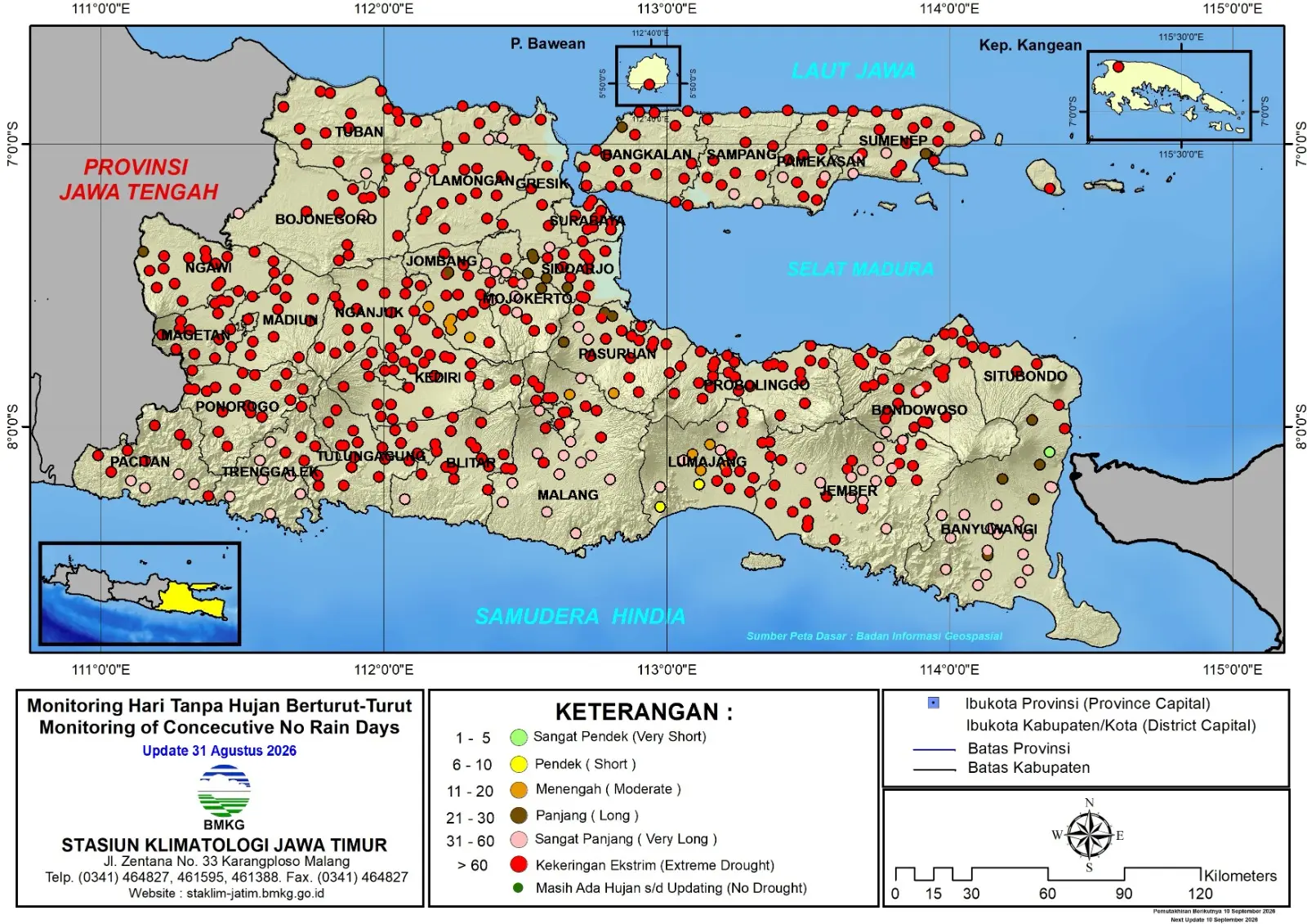 ( Analisis - Dasarian ) Monitoring Hari Tanpa Hujan Berturut-Turut Update 31 Agustus Tahun 2026 di Provinsi Jawa Timur