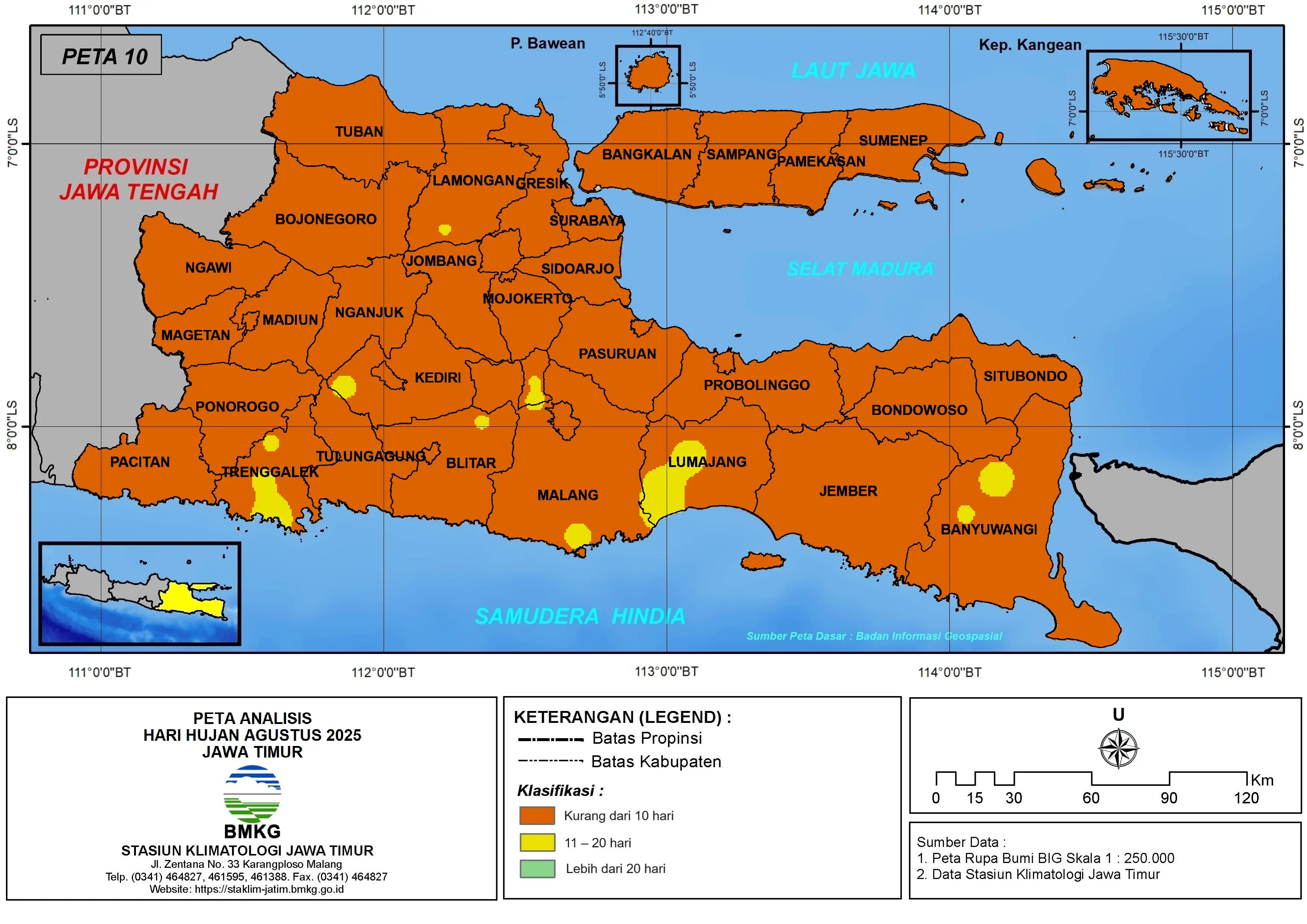 ( Analisis - Bulanan ) Hari Hujan Bulan Agustus Tahun 2025 di Provinsi Jawa Timur