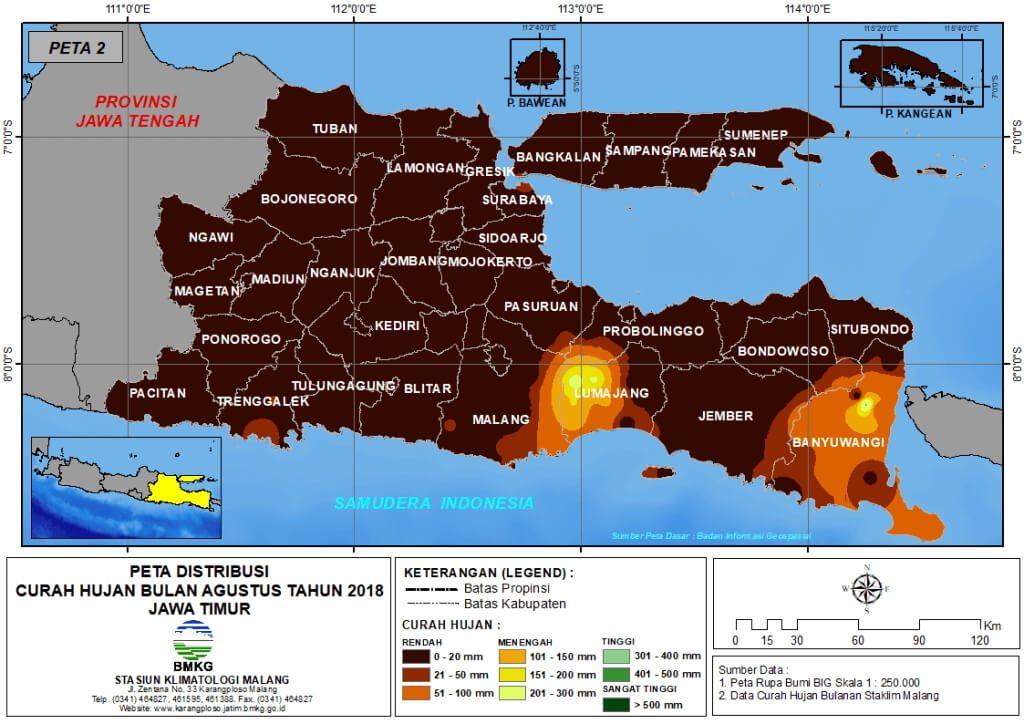 Peta Analisis Distribusi Curah Hujan Bulan Agustus Tahun 2018 di Propinsi Jawa Timur 