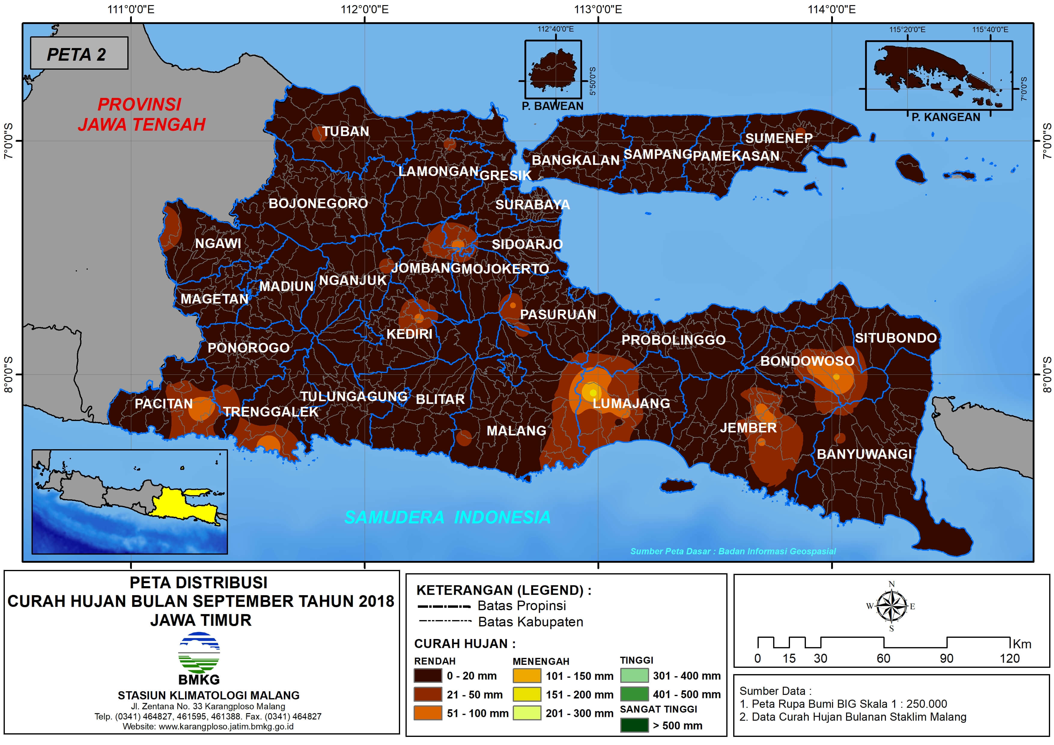 Peta Analisis Distribusi Curah Hujan Bulan September Tahun 2018 di Propinsi Jawa Timur 