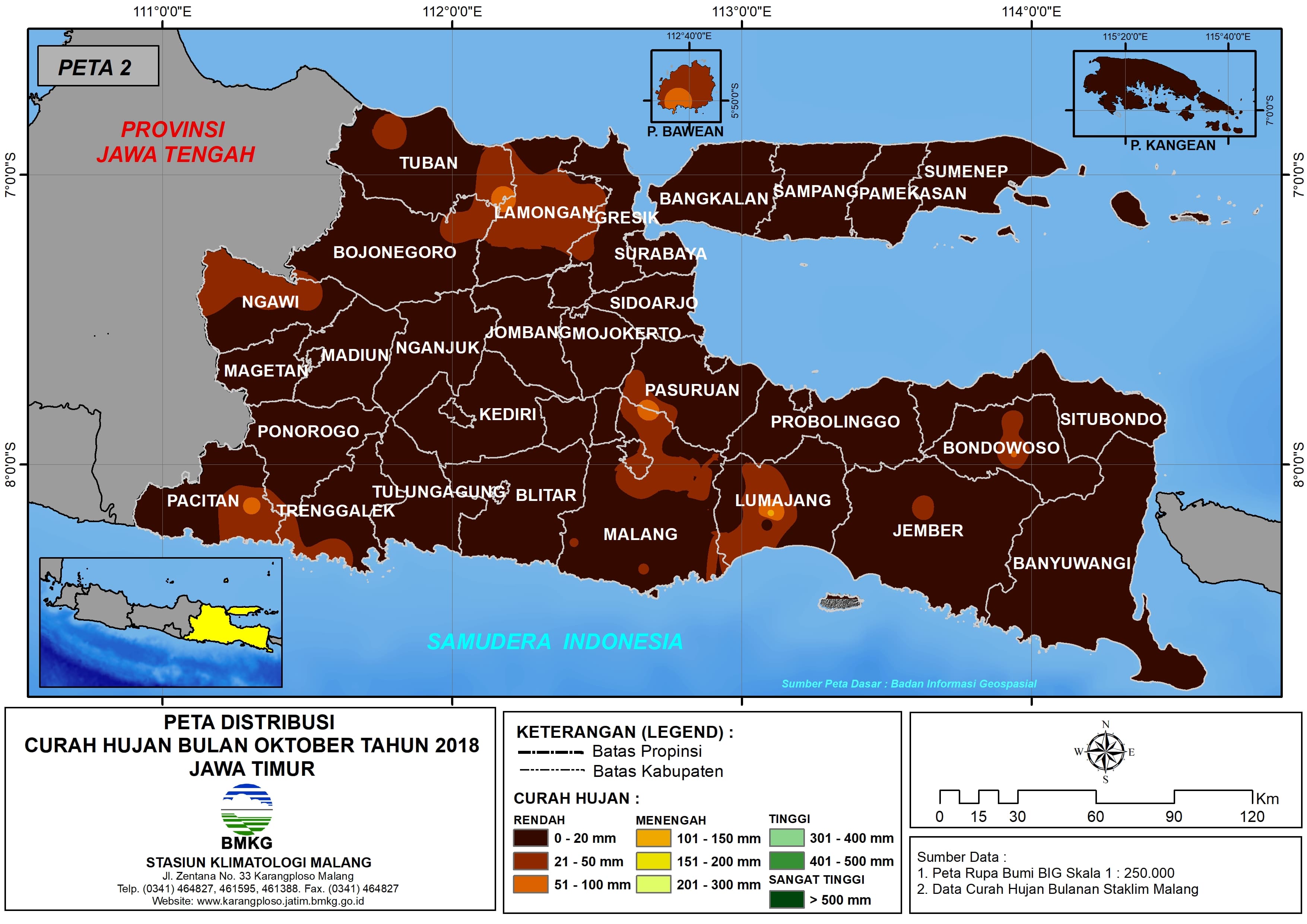 Peta Analisis Distribusi Curah Hujan Bulan Oktober Tahun 2018 Per Kabupaten di Propinsi Jawa Timur 