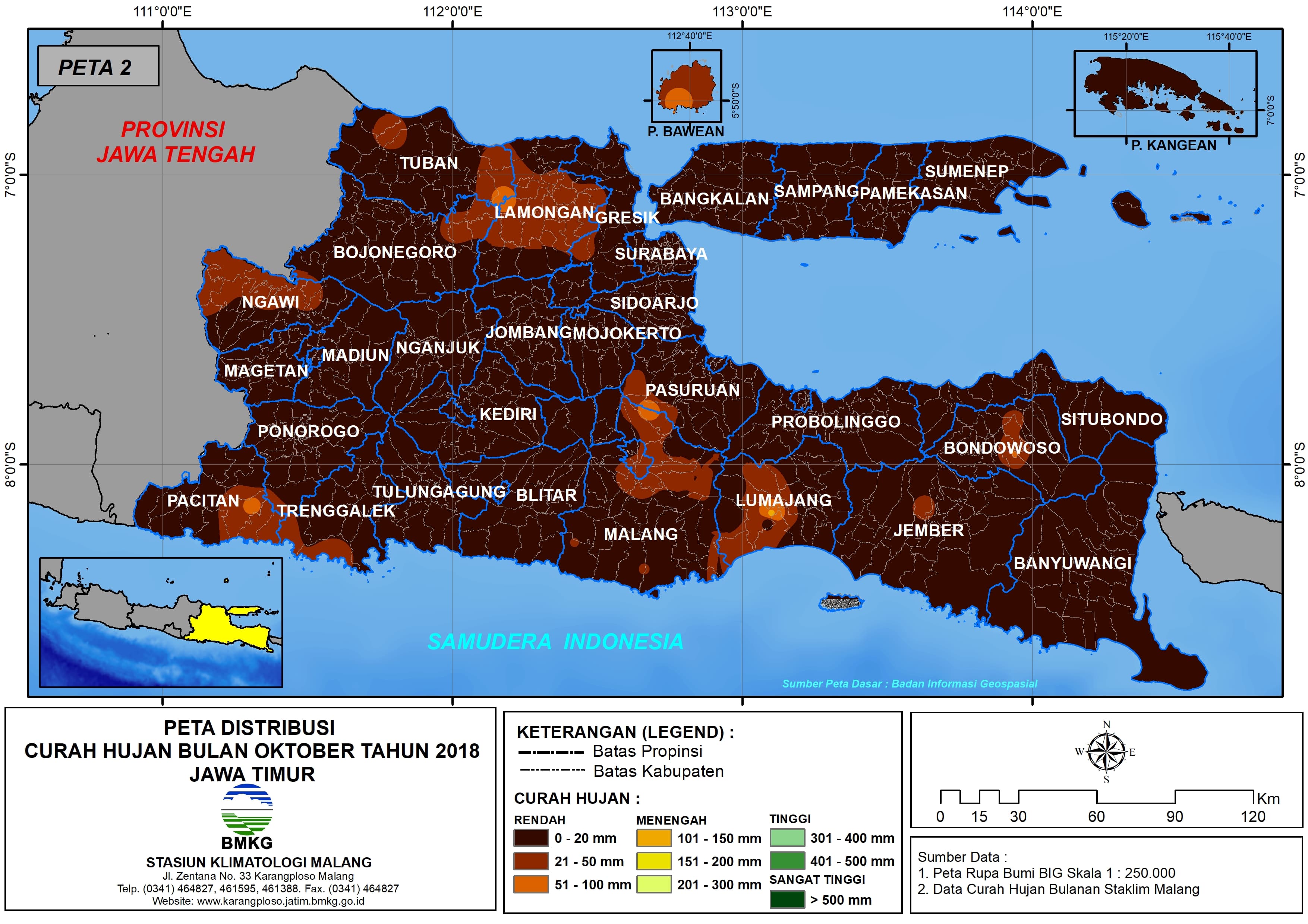 Peta Analisis Distribusi Curah Hujan Bulan Oktober Tahun 2018  Per Kecamatan di Propinsi Jawa Timur 