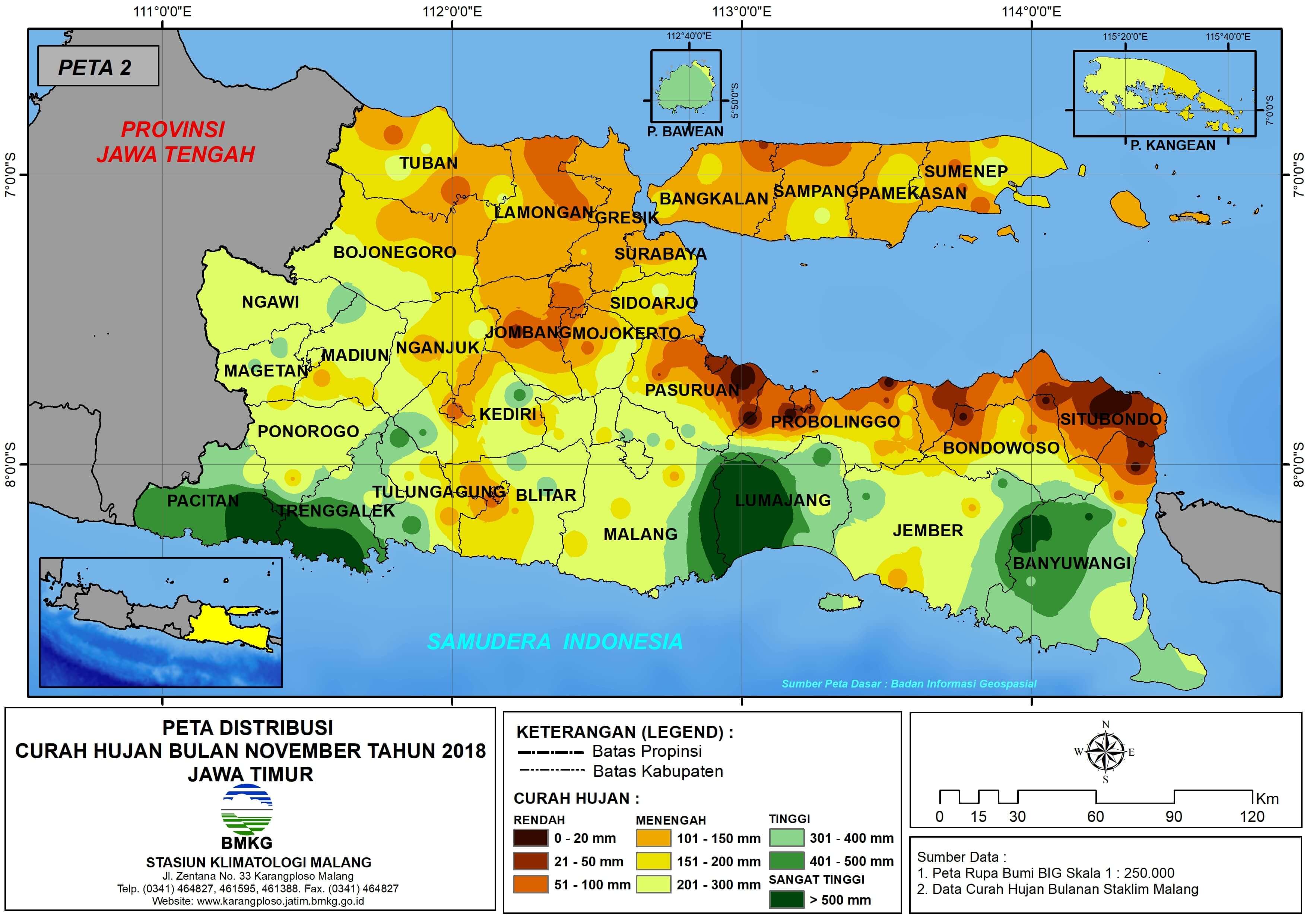 Peta Analisis Distribusi Curah Hujan Bulan Nopember Tahun 2018  di Propinsi Jawa Timur 
