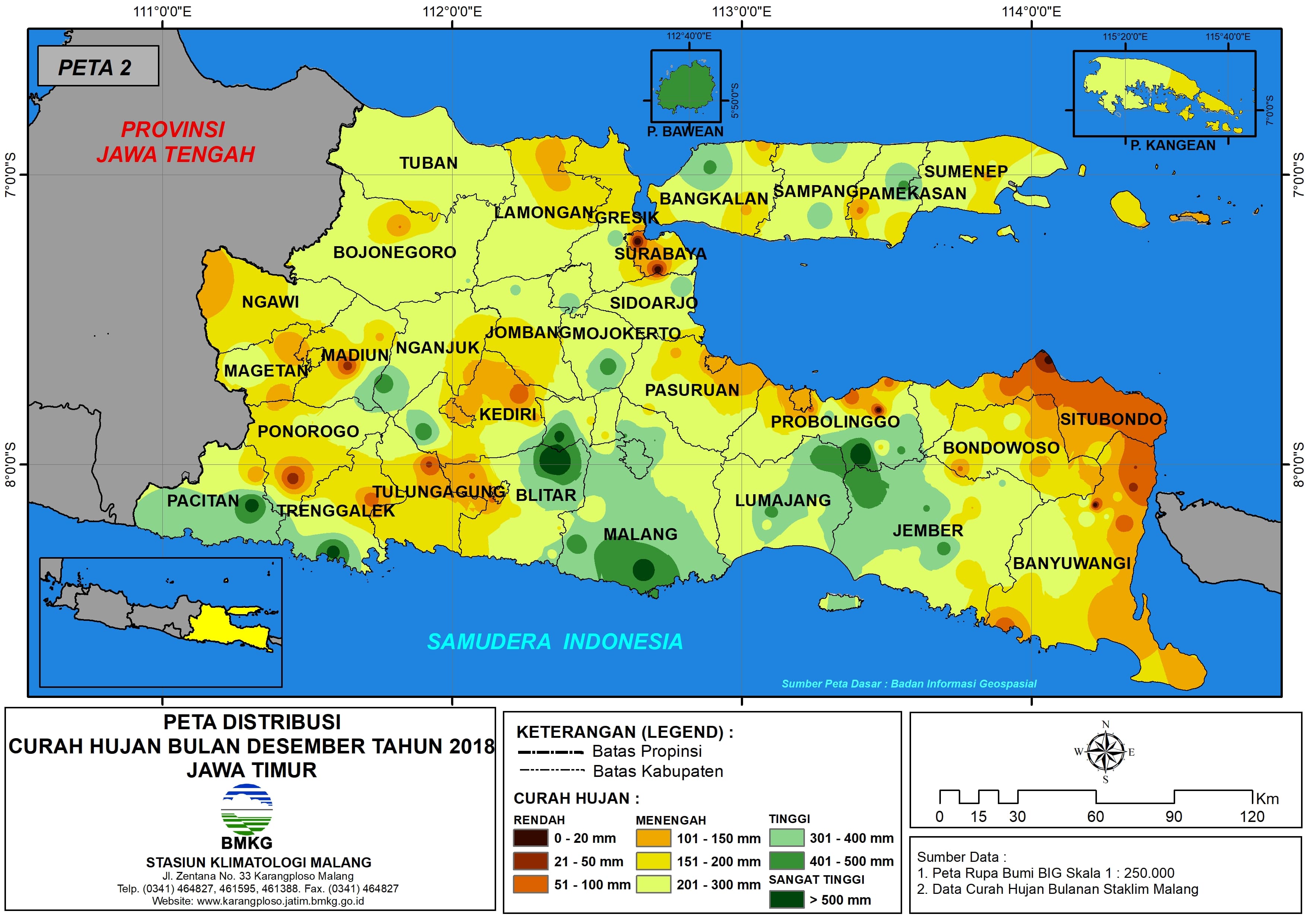Peta Analisis Distribusi Curah Hujan Bulan Desember Tahun 2018  di Propinsi Jawa Timur 