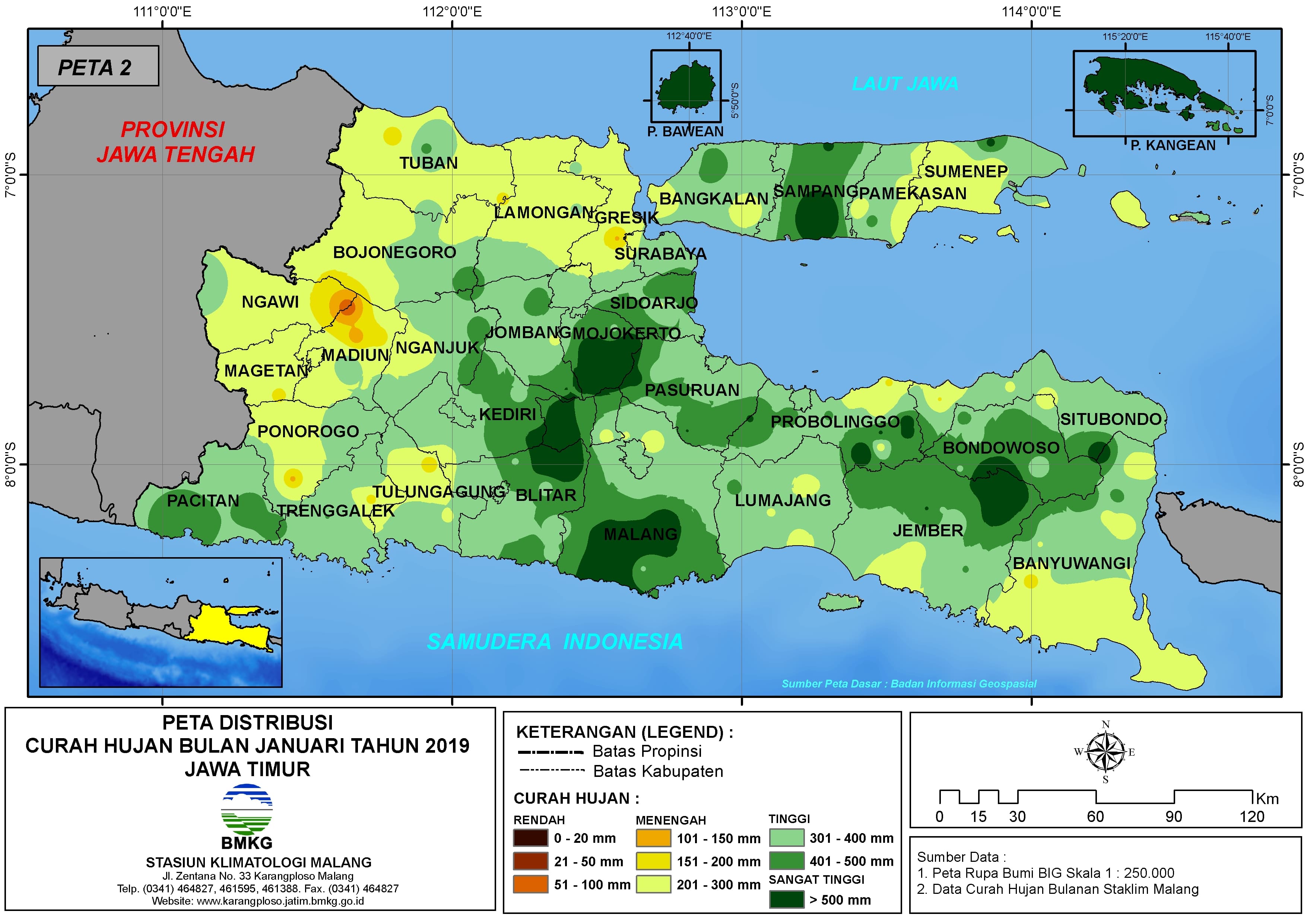 Peta Analisis Distribusi Curah Hujan Bulan Januari Tahun 2019  di Propinsi Jawa Timur 
