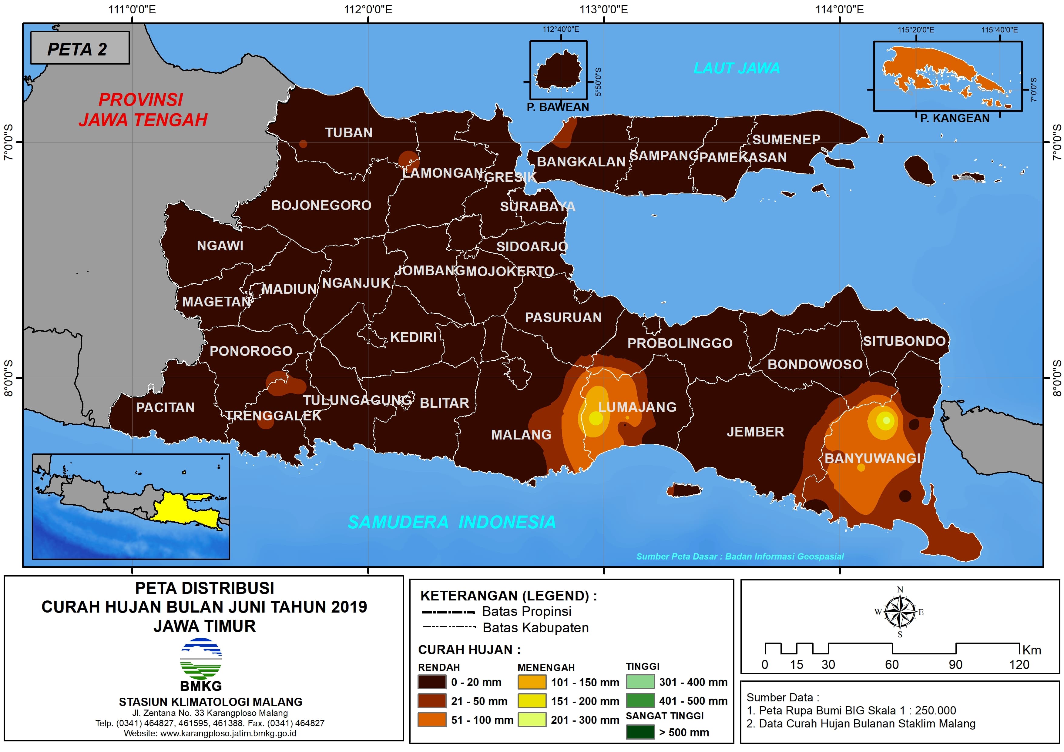 |Analisis - Bulanan| Distribusi Curah Hujan Bulan Juni Tahun 2019 di Provinsi Jawa Timur