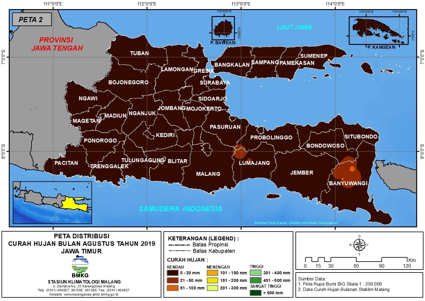 |Analisis - Bulanan| Distribusi Curah Hujan Bulan Agustus Tahun 2019 di Provinsi Jawa Timur