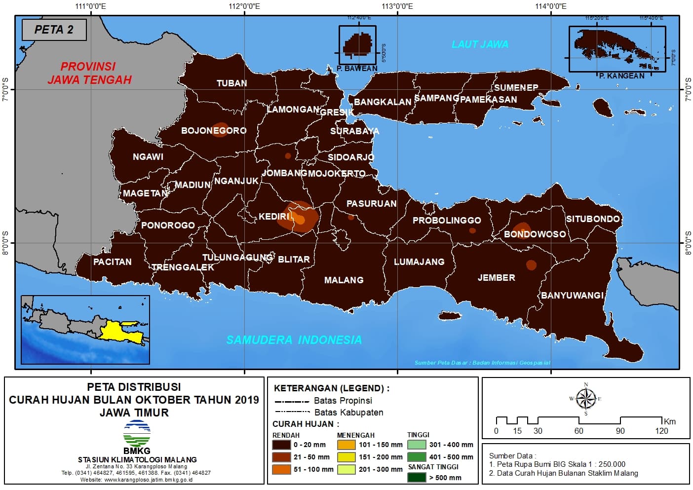 |Analisis - Bulanan| Distribusi Curah Hujan Bulan Oktober Tahun 2019 di Provinsi Jawa Timur