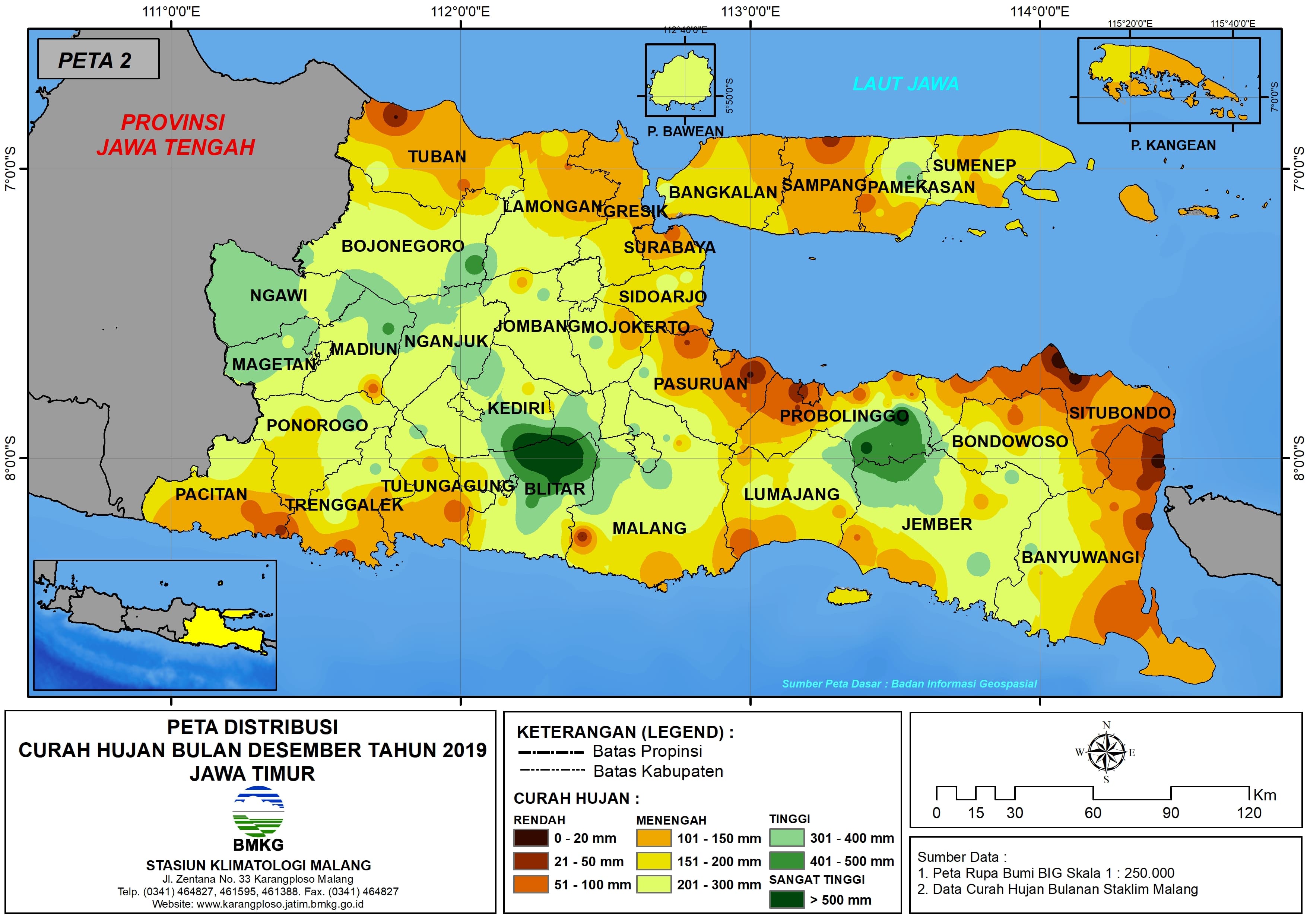 |Analisis - Bulanan| Distribusi Curah Hujan Bulan Desember Tahun 2019 di Provinsi Jawa Timur