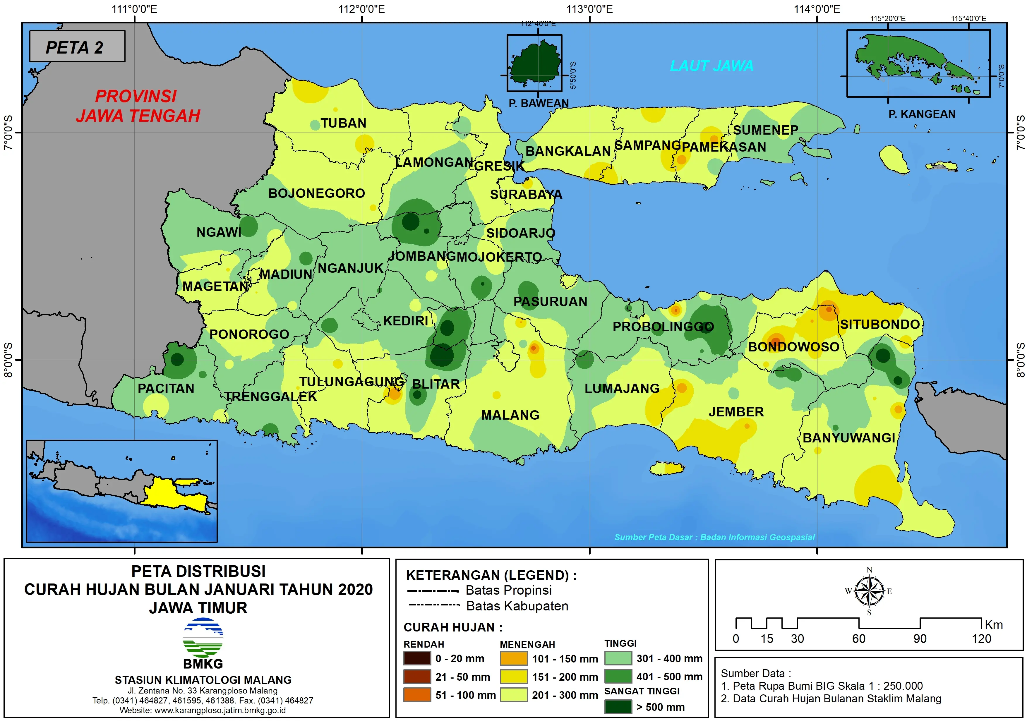|Analisis - Bulanan| Distribusi Curah Hujan Bulan Januari Tahun 2020 di Provinsi Jawa Timur