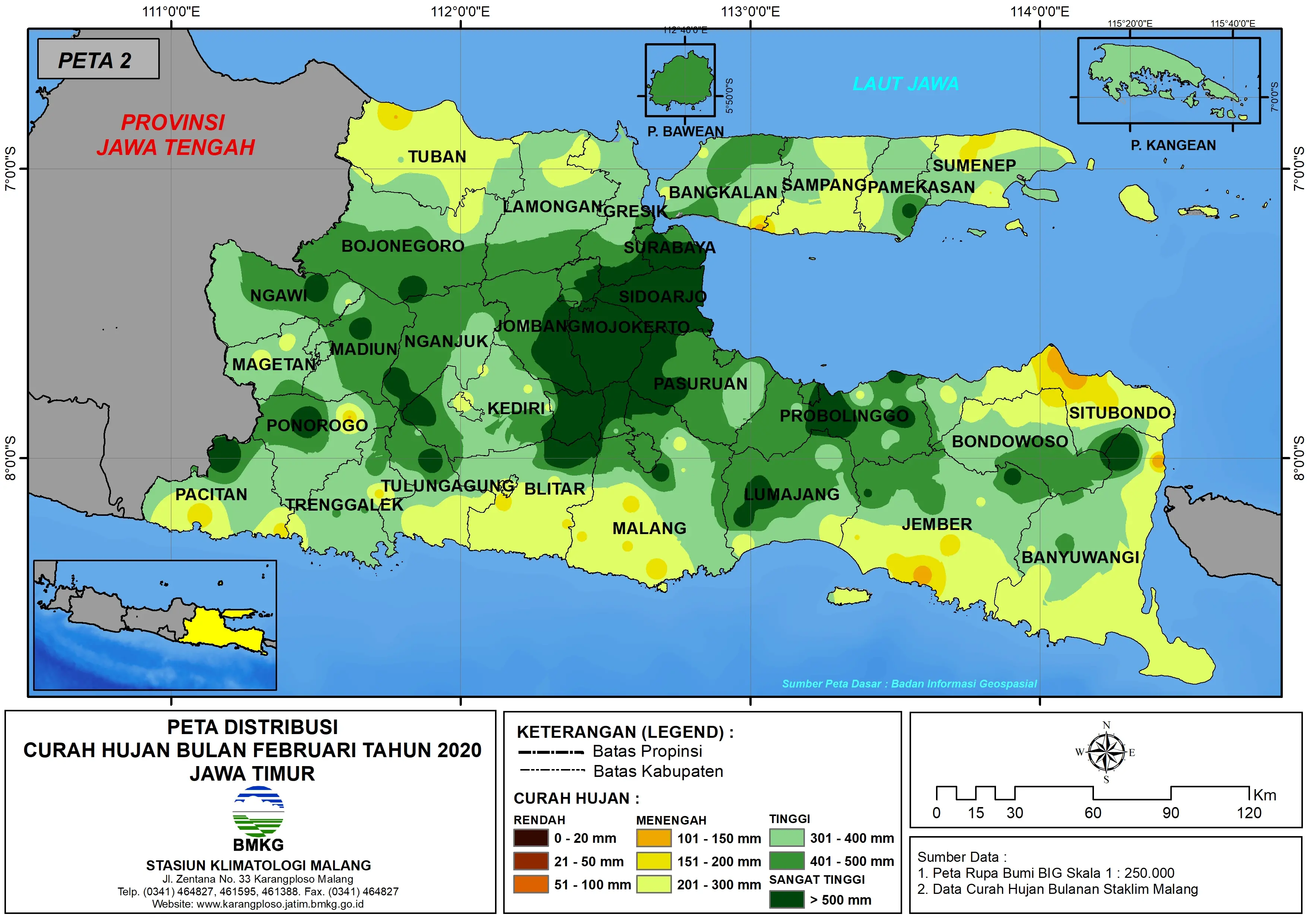 (Analisis - Bulanan) Distribusi Curah Hujan Bulan Februari Tahun 2020 di Provinsi Jawa Timur