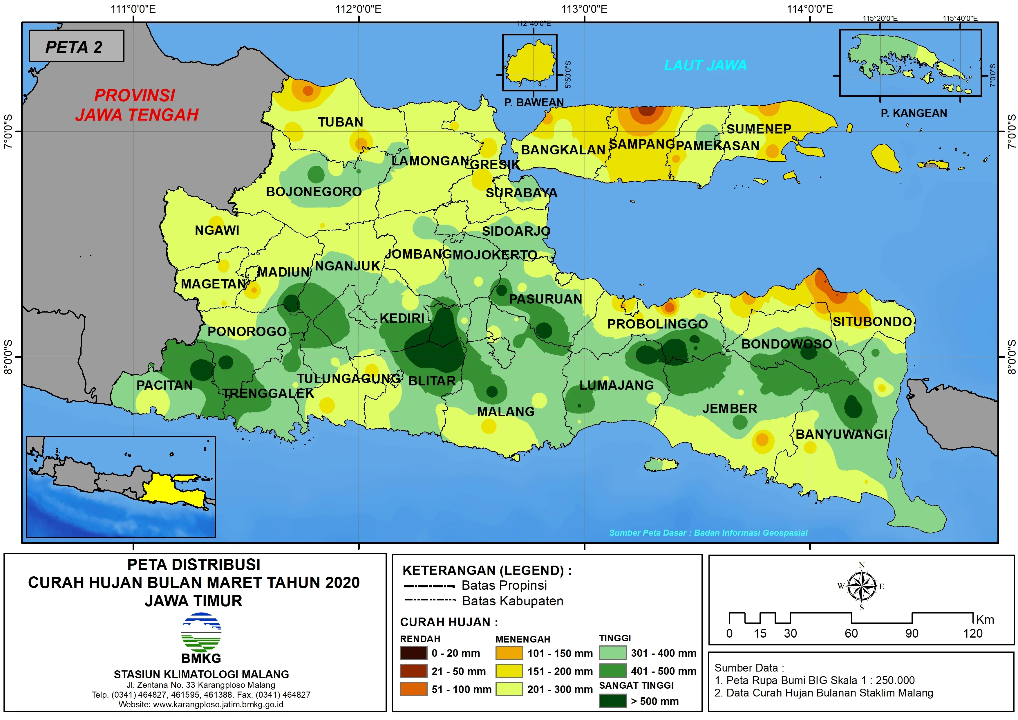 (Analisis - Bulanan) Distribusi Curah Hujan Bulan Maret Tahun 2020 di Provinsi Jawa Timur