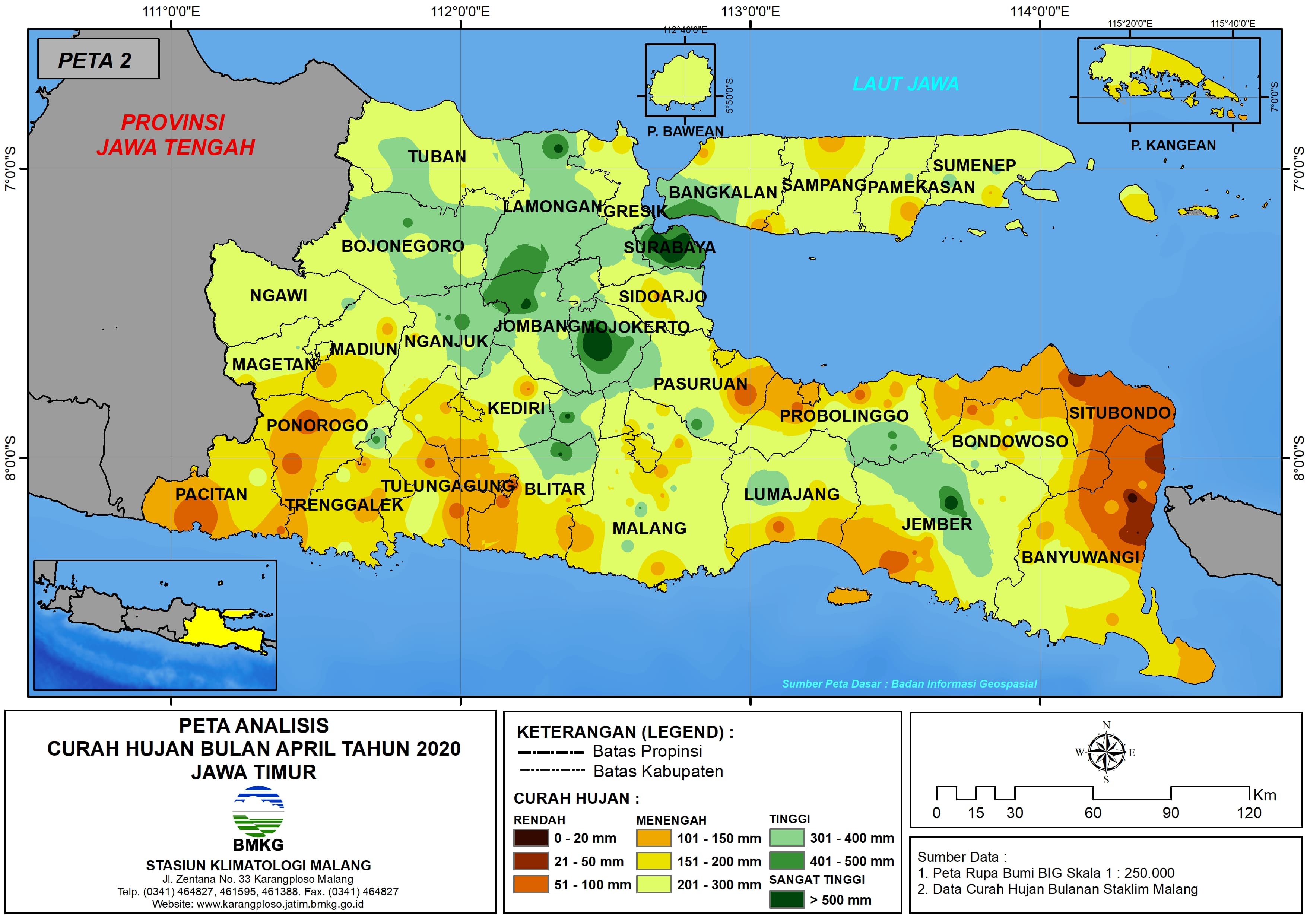 (Analisis - Bulanan) Distribusi Curah Hujan Bulan April Tahun 2020 di Provinsi Jawa Timur