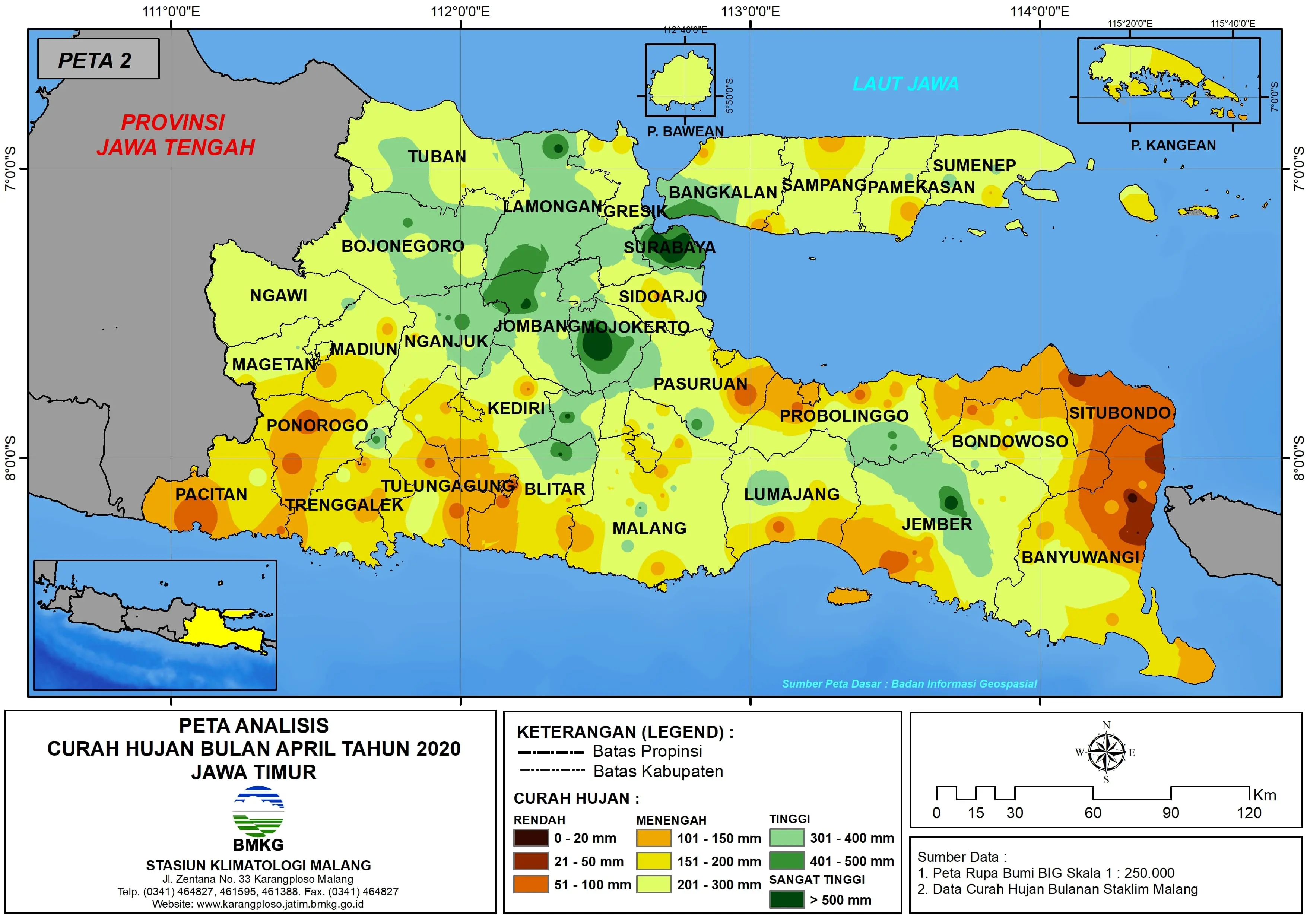 (Analisis - Bulanan) Distribusi Curah Hujan Bulan April Tahun 2020 di Provinsi Jawa Timur