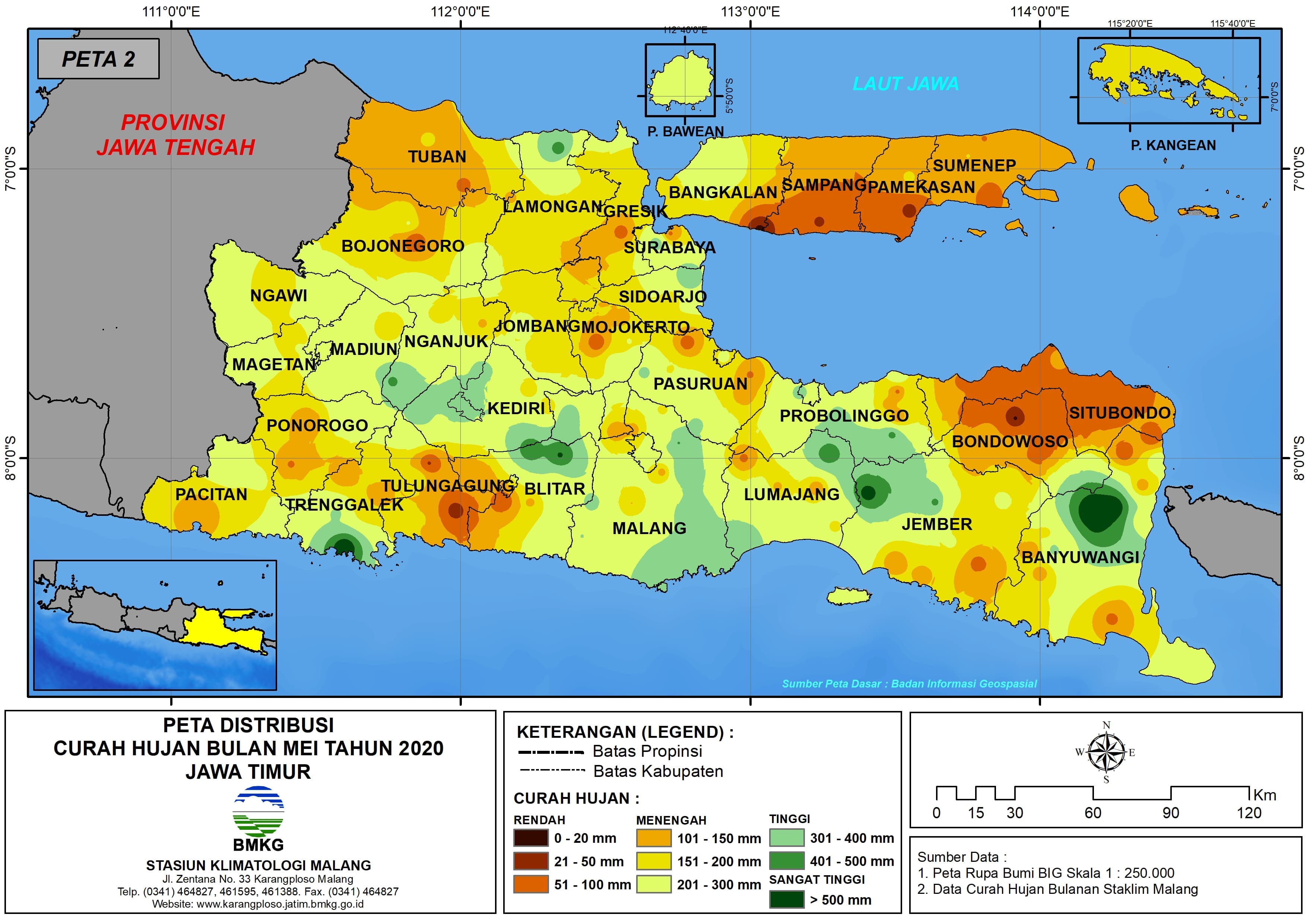 (Analisis - Bulanan) Distribusi Curah Hujan Bulan Mei Tahun 2020 di Provinsi Jawa Timur
