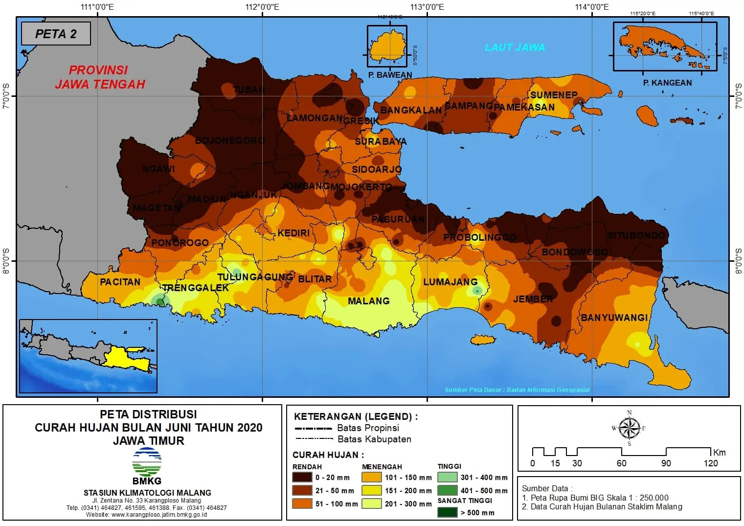 (Analisis - Bulanan) Distribusi Curah Hujan Bulan Juni Tahun 2020 di Provinsi Jawa Timur