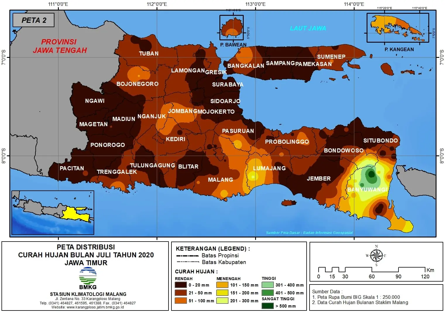 (Analisis - Bulanan) Distribusi Curah Hujan Bulan Juli Tahun 2020 di Provinsi Jawa Timur