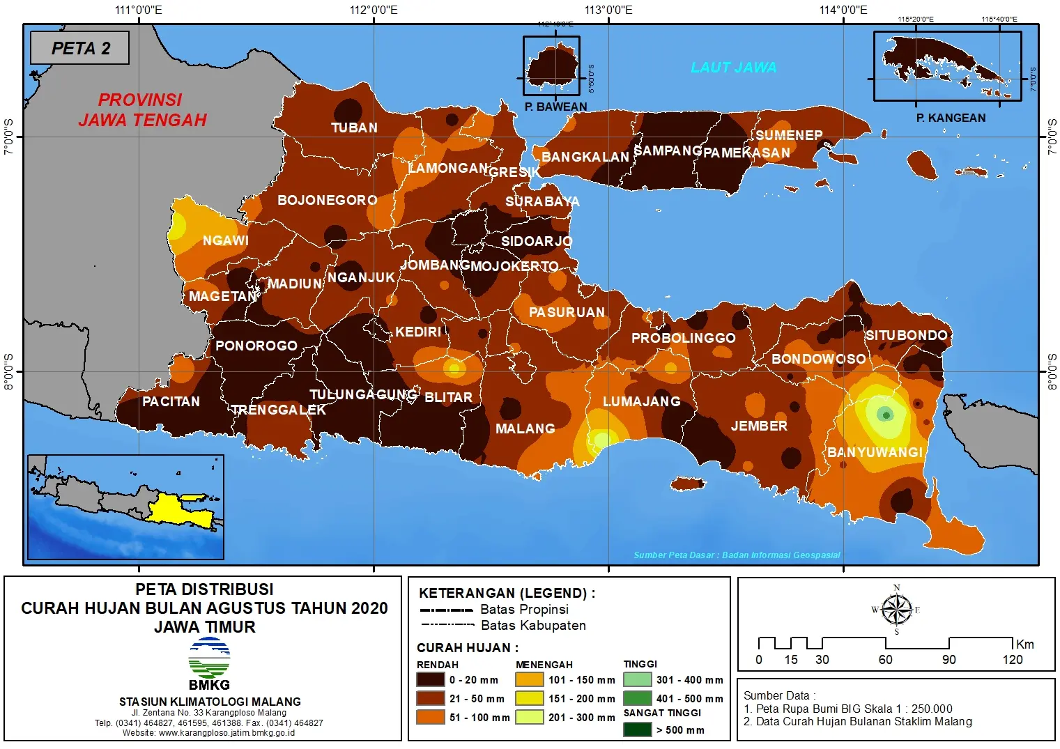 (Analisis - Bulanan) Distribusi Curah Hujan Bulan Agustus Tahun 2020 di Provinsi Jawa Timur