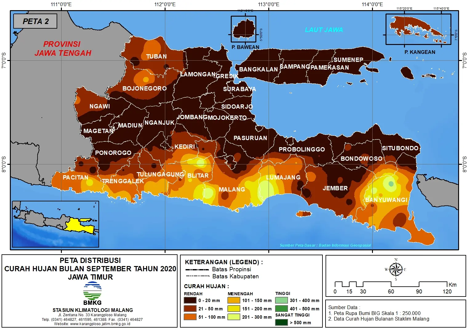 (Analisis - Bulanan) Distribusi Curah Hujan Bulan September Tahun 2020 di Provinsi Jawa Timur