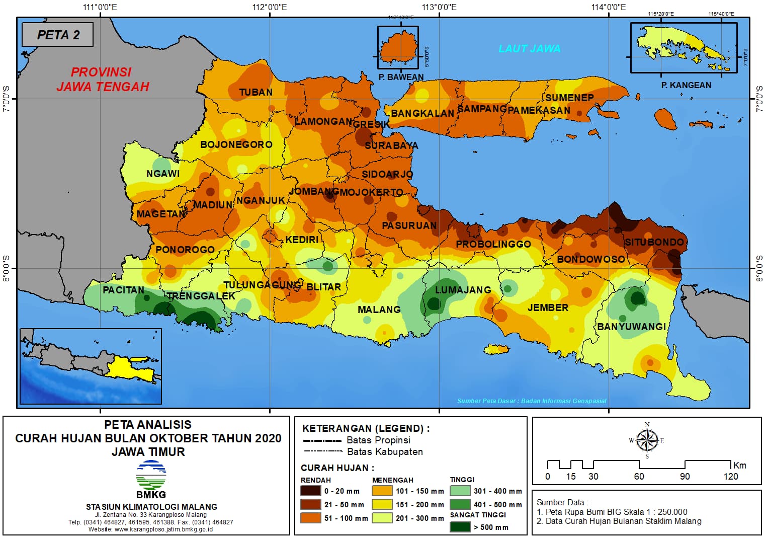 (Analisis - Bulanan) Distribusi Curah Hujan Bulan Oktober Tahun 2020 di Provinsi Jawa Timur