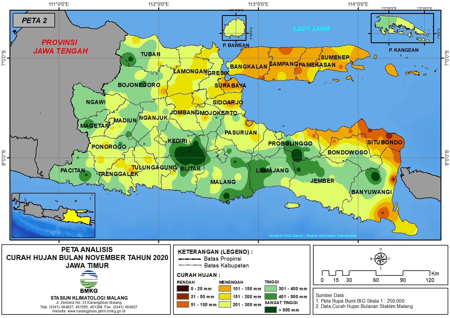 (Analisis - Bulanan) Distribusi Curah Hujan Bulan November Tahun 2020 di Provinsi Jawa Timur