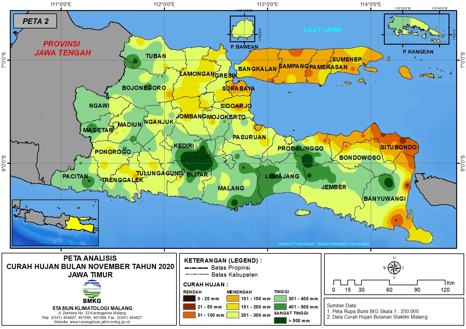 (Analisis - Bulanan) Distribusi Curah Hujan Bulan November Tahun 2020 di Provinsi Jawa Timur