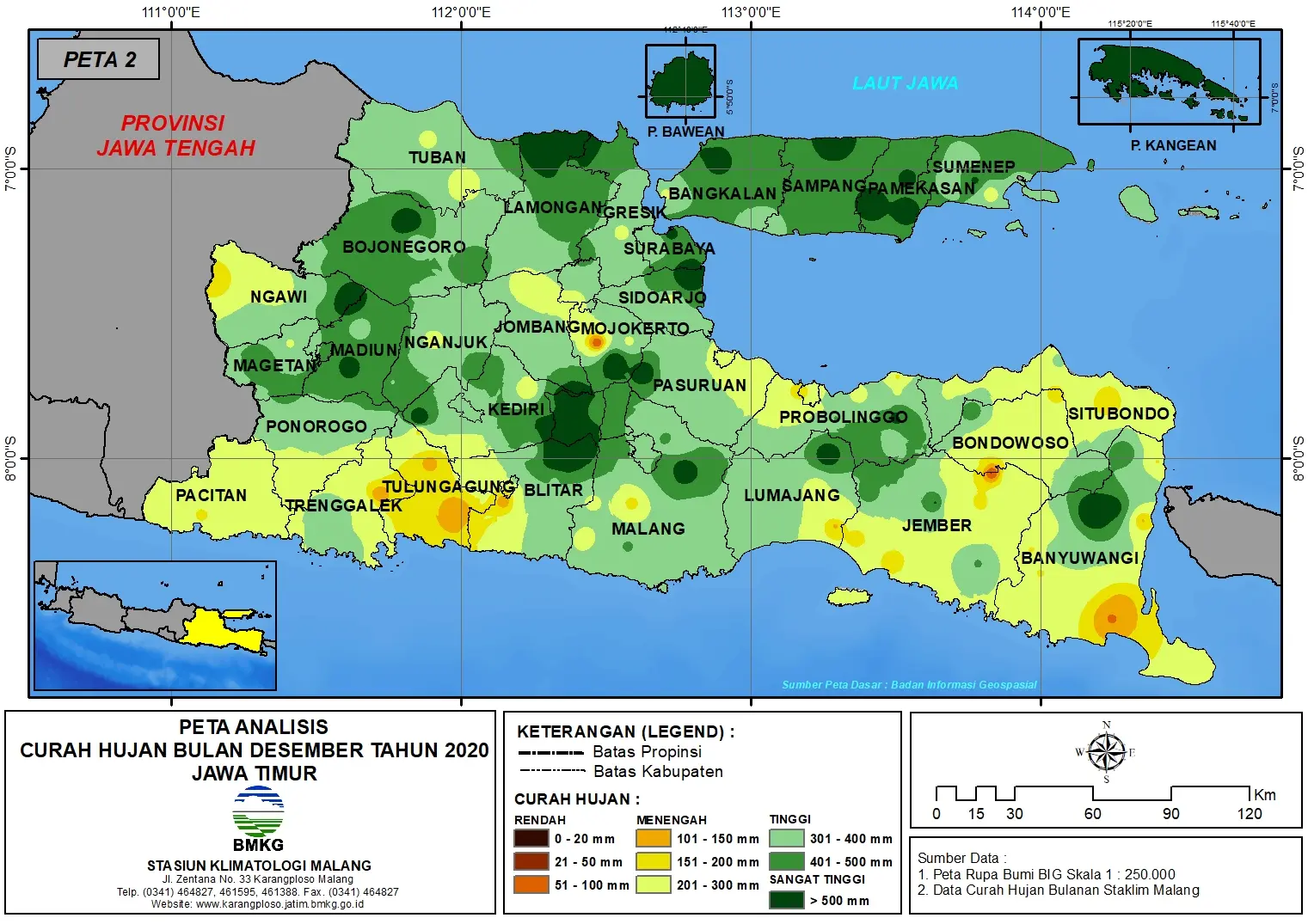 (Analisis - Bulanan) Distribusi Curah Hujan Bulan Desember Tahun 2020 di Provinsi Jawa Timur