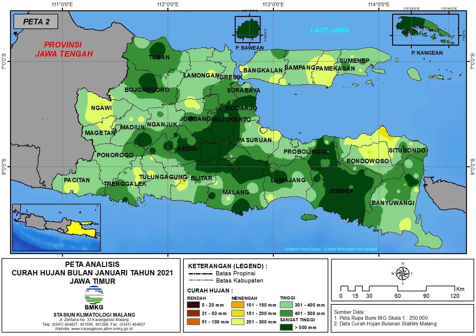 (Analisis - Bulanan) Distribusi Curah Hujan Bulan Januari Tahun 2021 di Provinsi Jawa Timur