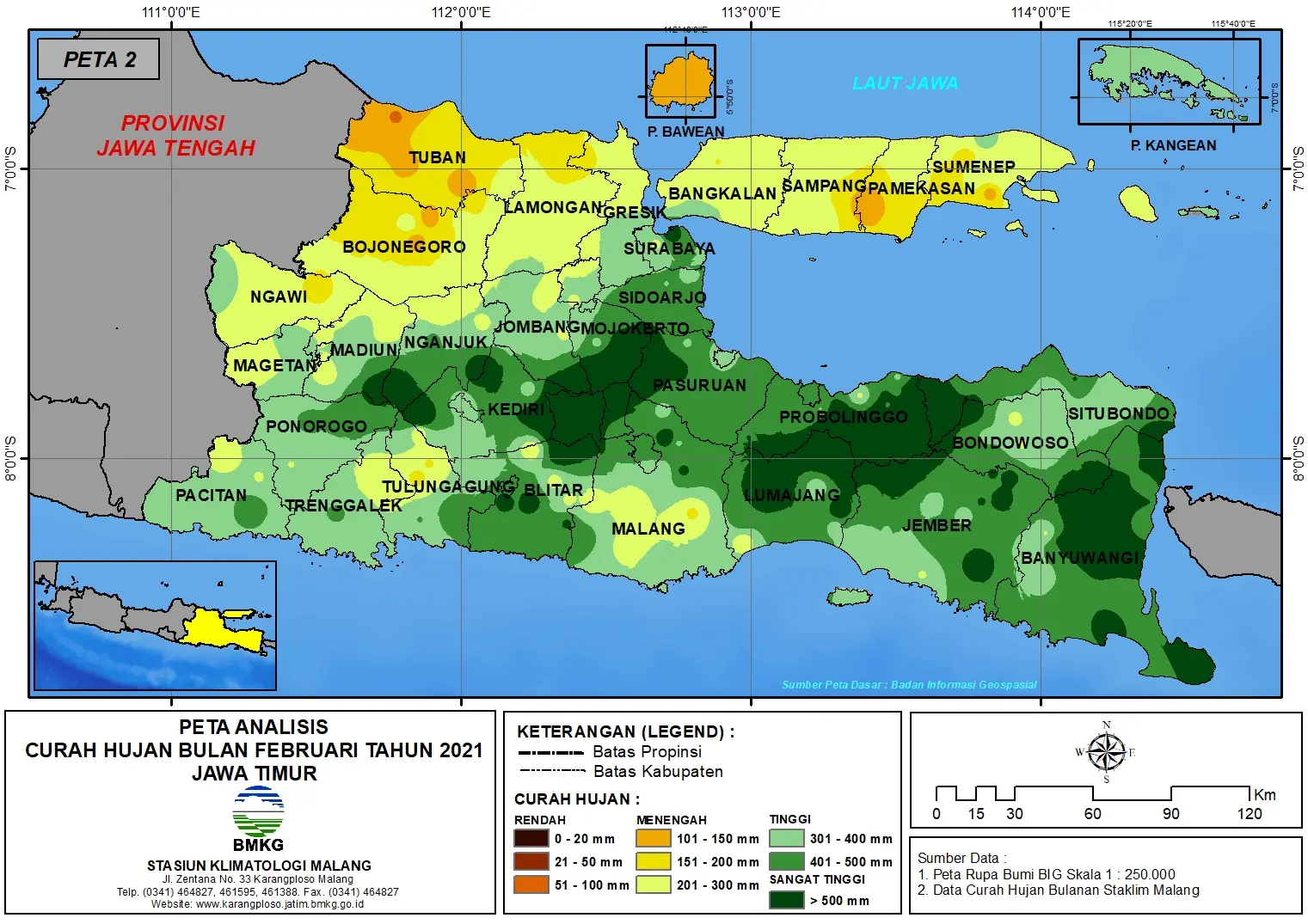 (Analisis - Bulanan) Distribusi Curah Hujan Bulan Februari Tahun 2021 di Provinsi Jawa Timur