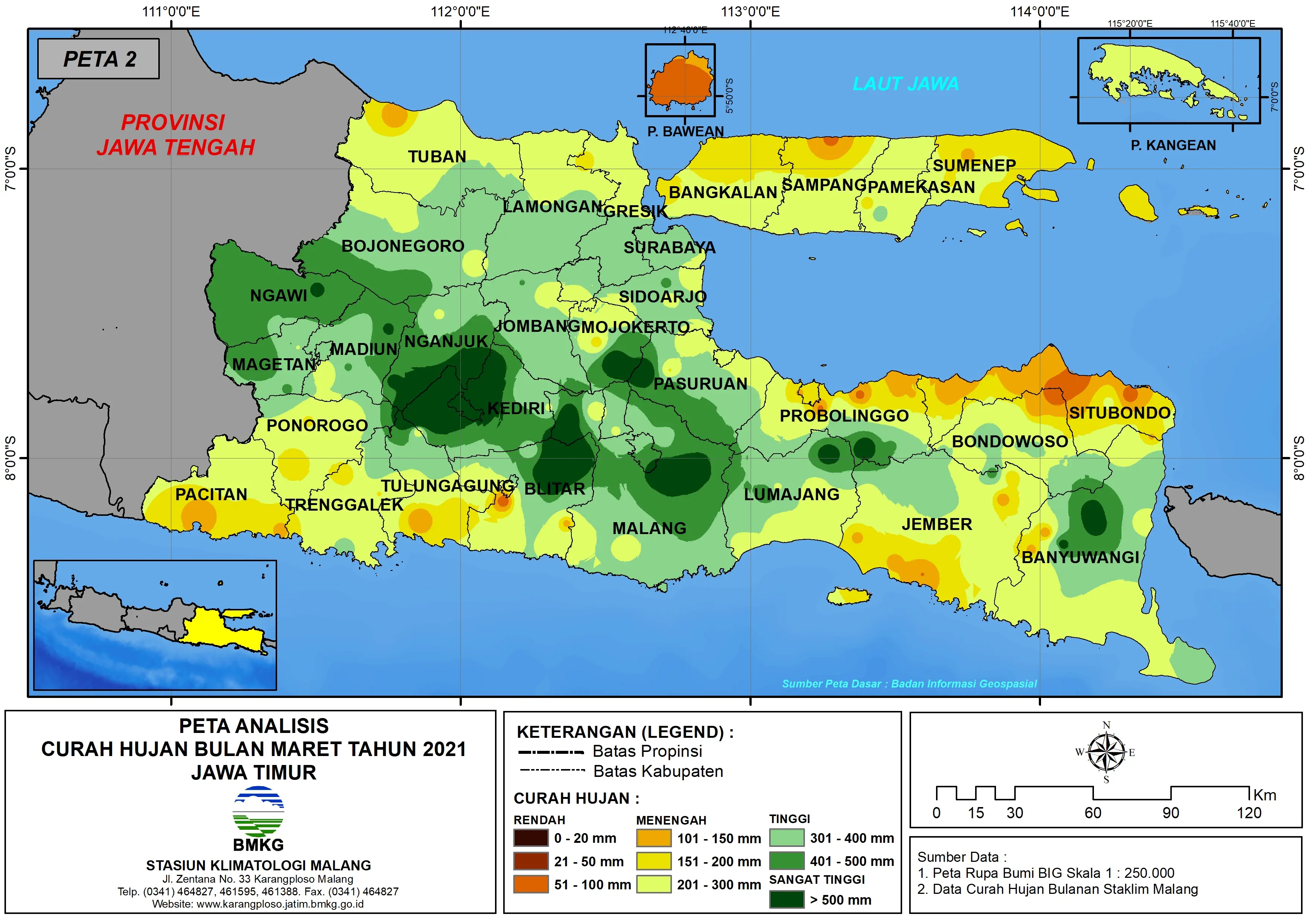 (Analisis - Bulanan) Distribusi Curah Hujan Bulan Maret Tahun 2021 di Provinsi Jawa Timur