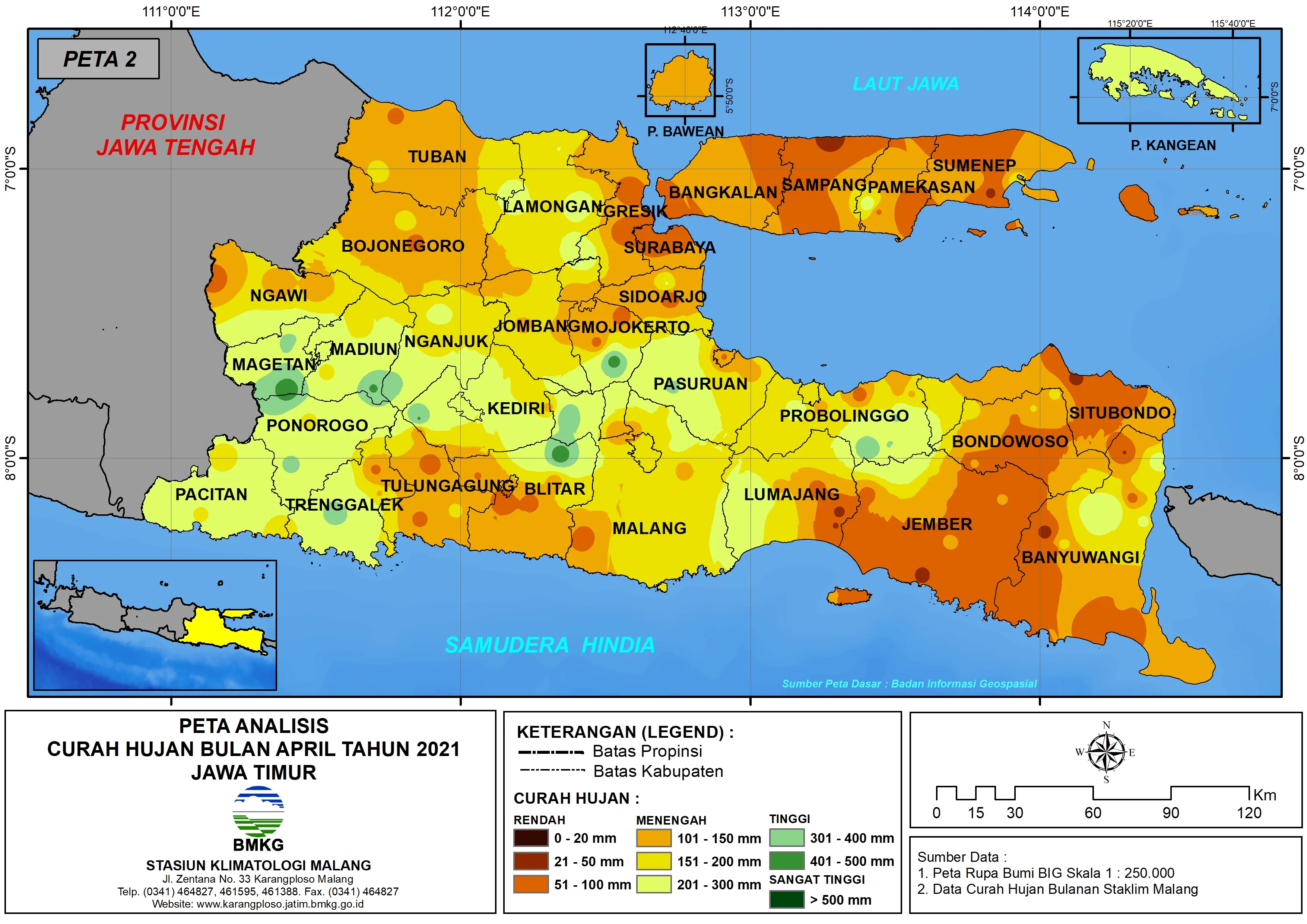 (Analisis - Bulanan) Distribusi Curah Hujan Bulan April Tahun 2021 di Provinsi Jawa Timur