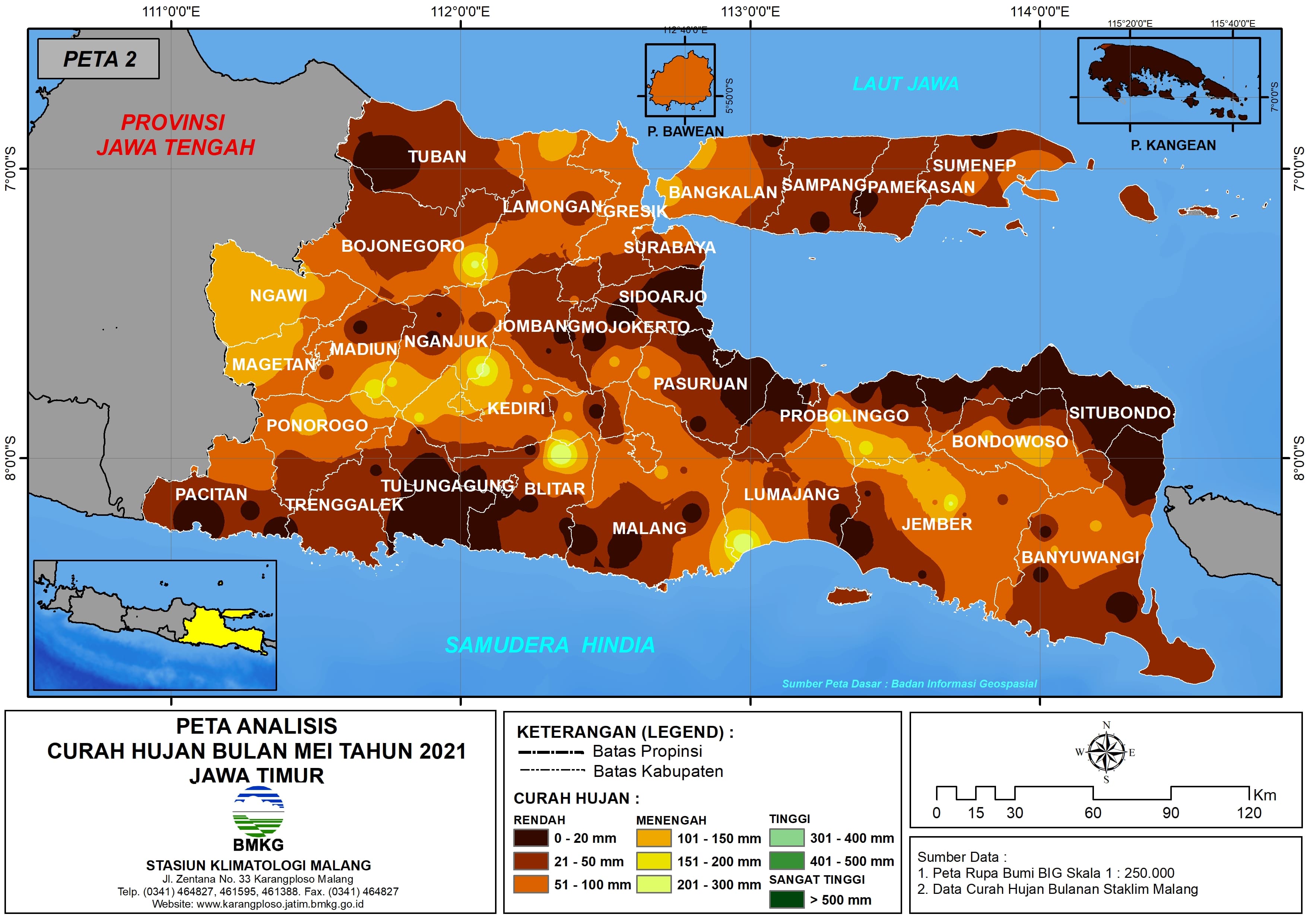 (Analisis - Bulanan) Distribusi Curah Hujan Bulan Mei Tahun 2021 di Provinsi Jawa Timur