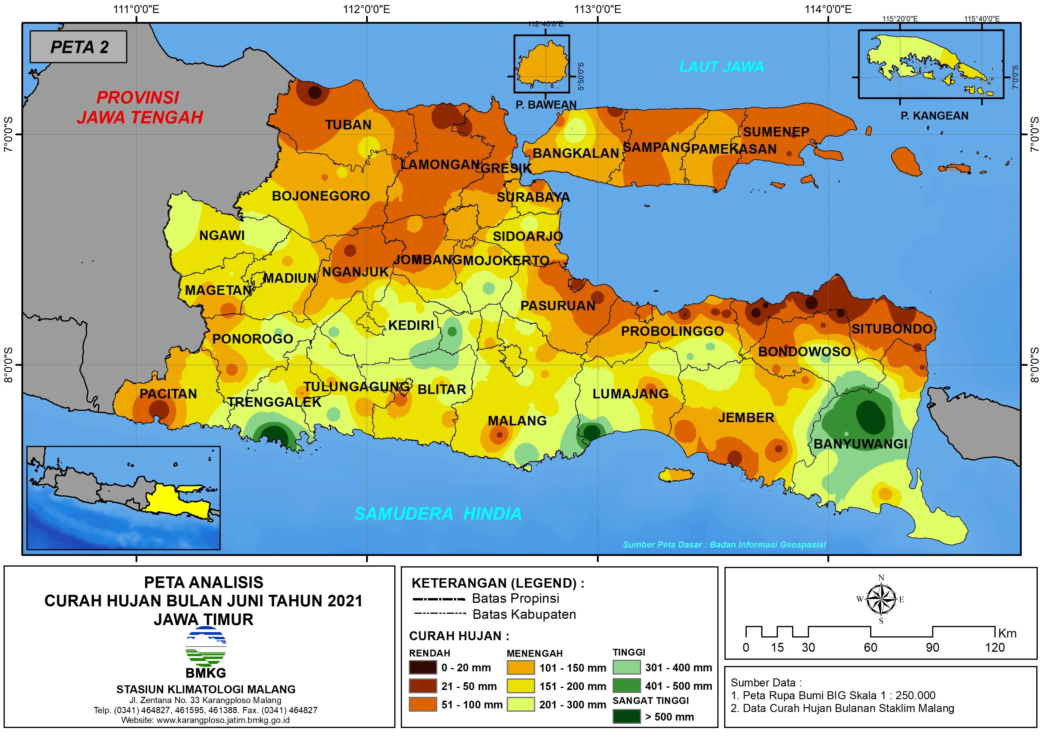 (Analisis - Bulanan) Distribusi Curah Hujan Bulan Juni Tahun 2021 di Provinsi Jawa Timur