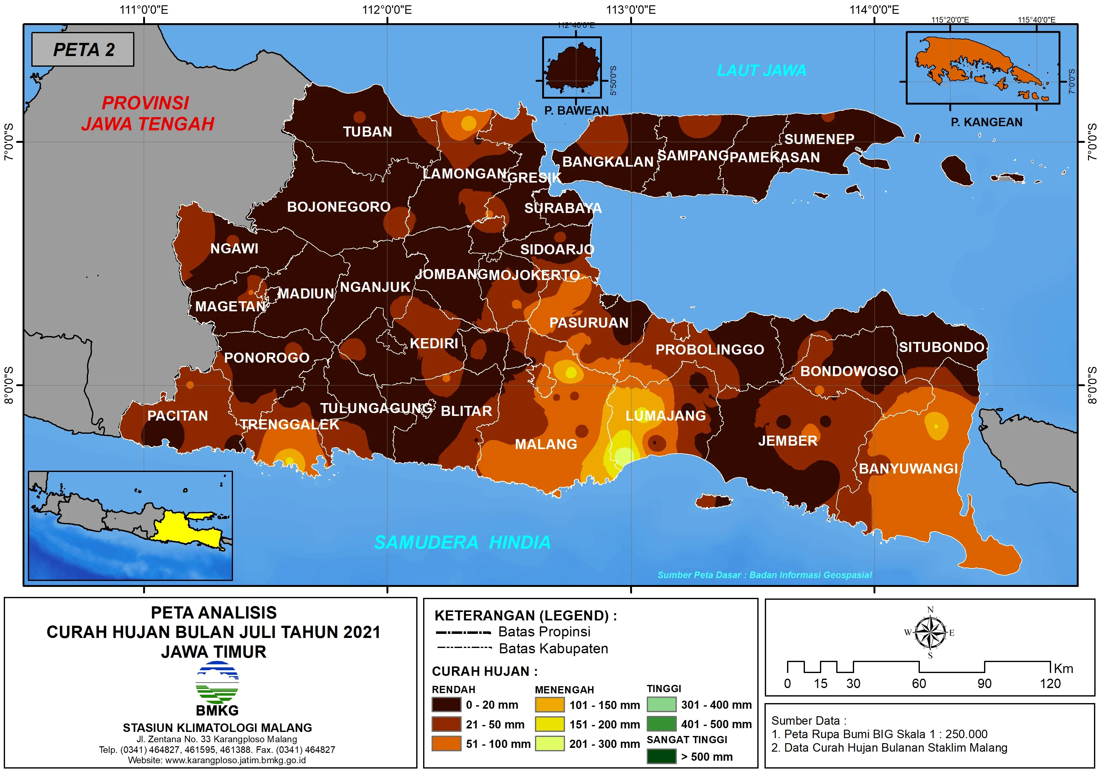 (Analisis - Bulanan) Distribusi Curah Hujan Bulan Juli Tahun 2021 di Provinsi Jawa Timur