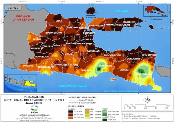(Analisis - Bulanan) Distribusi Curah Hujan Bulan Agustus Tahun 2021 di Provinsi Jawa Timur