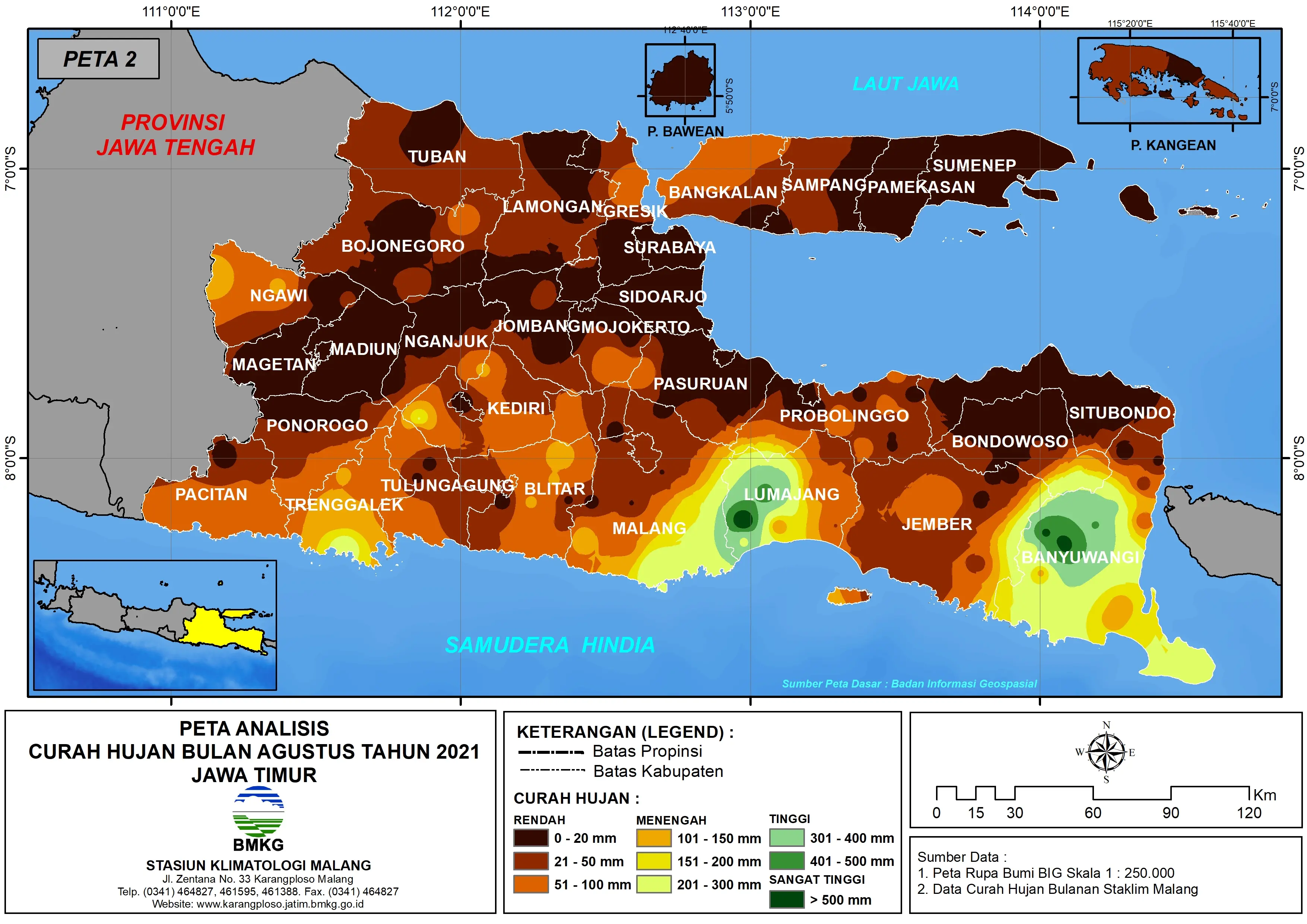 (Analisis - Bulanan) Distribusi Curah Hujan Bulan Agustus Tahun 2021 di Provinsi Jawa Timur
