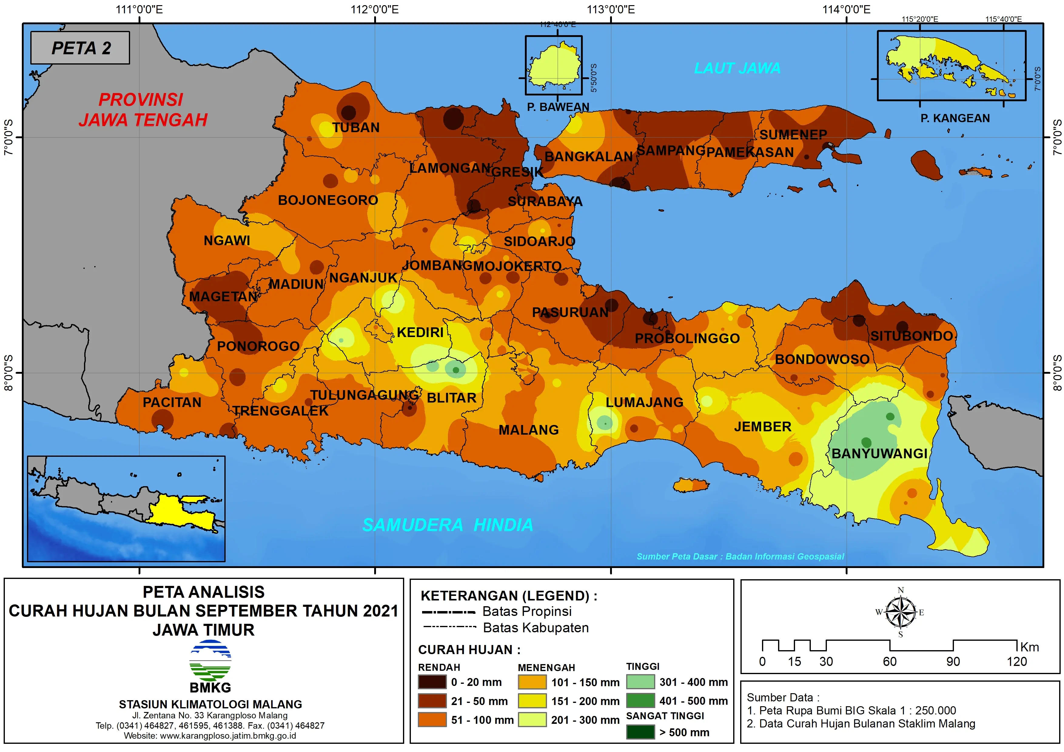 (Analisis - Bulanan) Distribusi Curah Hujan Bulan September Tahun 2021 di Provinsi Jawa Timur