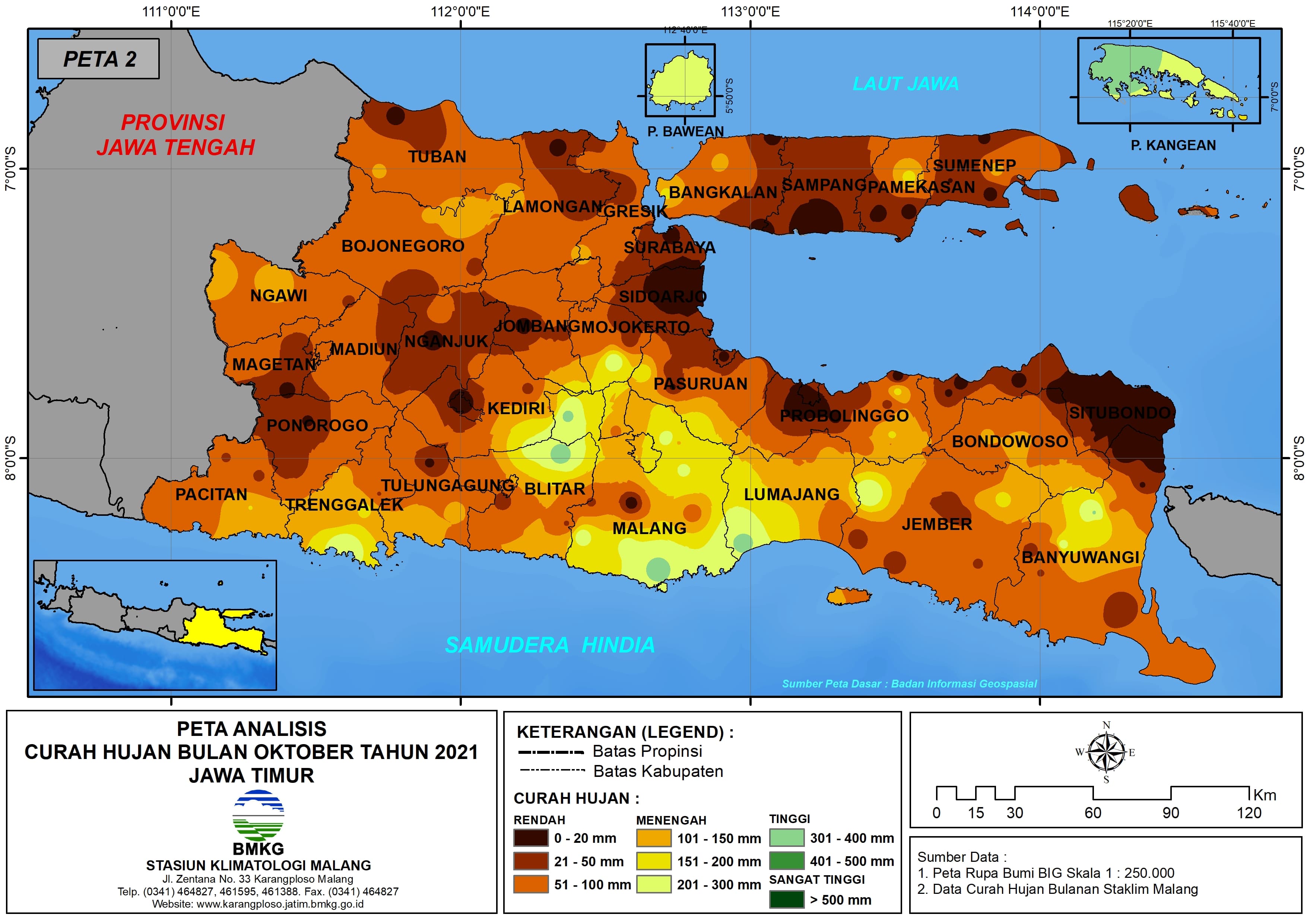 (Analisis - Bulanan) Distribusi Curah Hujan Bulan Oktober Tahun 2021 di Provinsi Jawa Timur