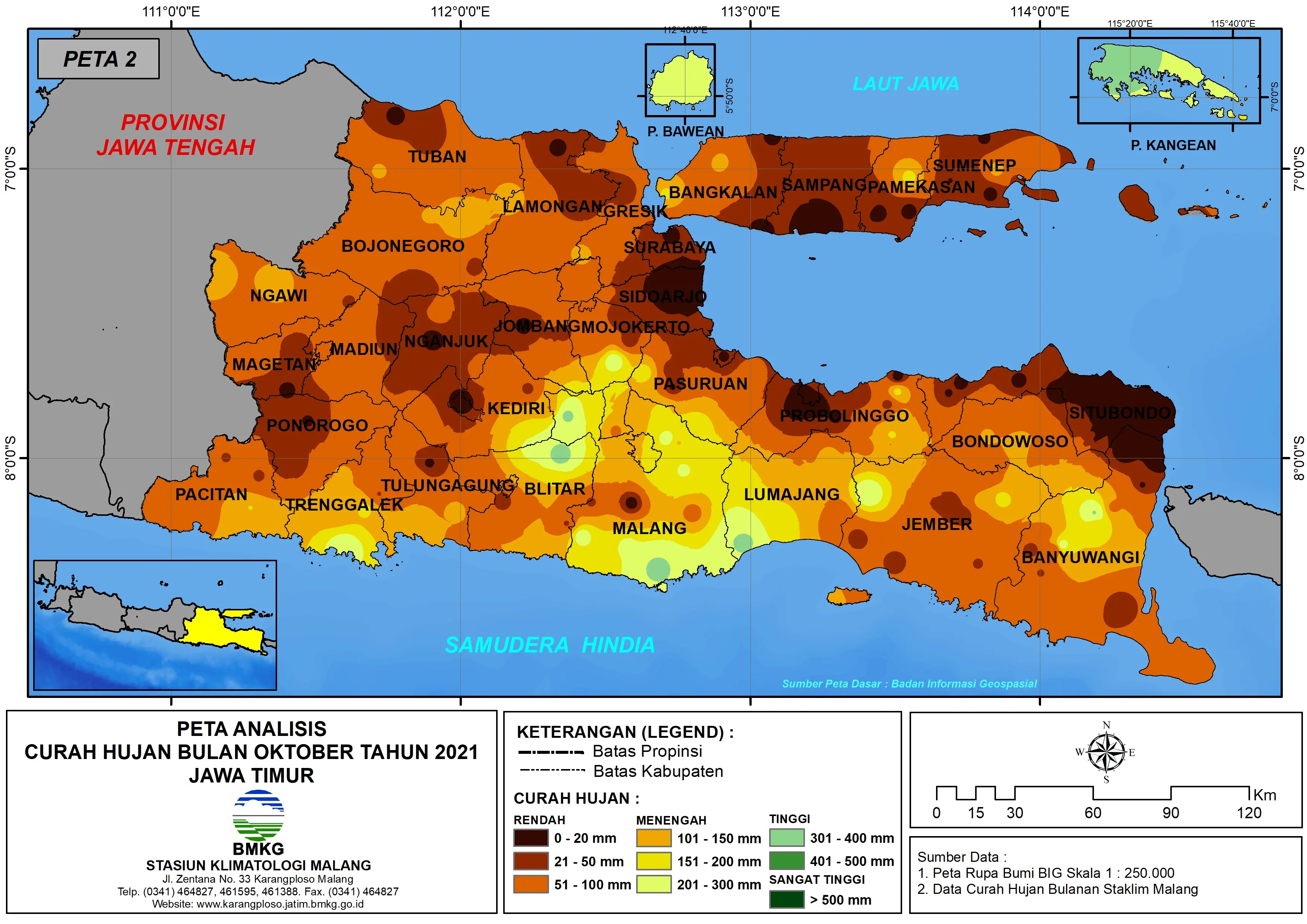 (Analisis - Bulanan) Distribusi Curah Hujan Bulan Oktober Tahun 2021 di Provinsi Jawa Timur