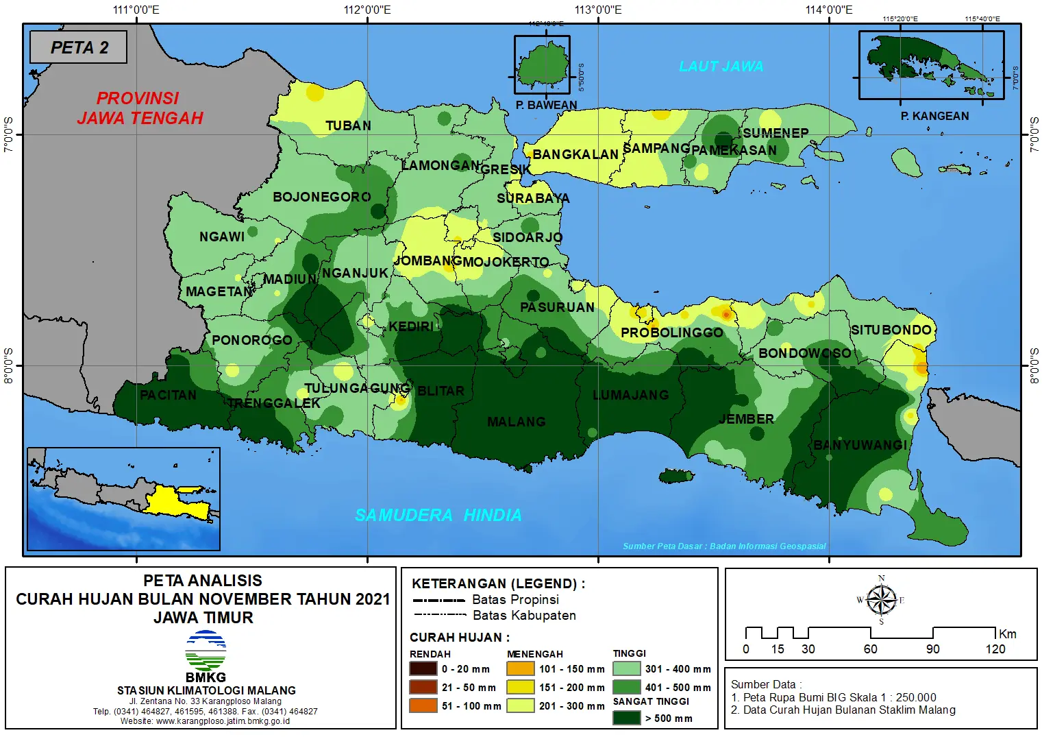 (Analisis - Bulanan) Distribusi Curah Hujan Bulan November Tahun 2021 di Provinsi Jawa Timur