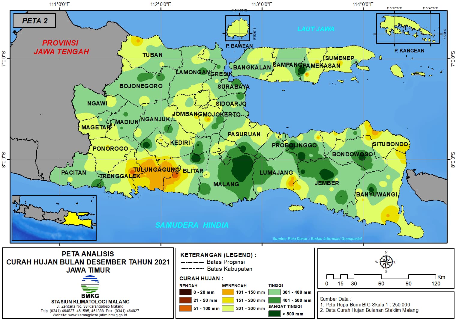 (Analisis - Bulanan) Distribusi Curah Hujan Bulan Desember Tahun 2021 di Provinsi Jawa Timur